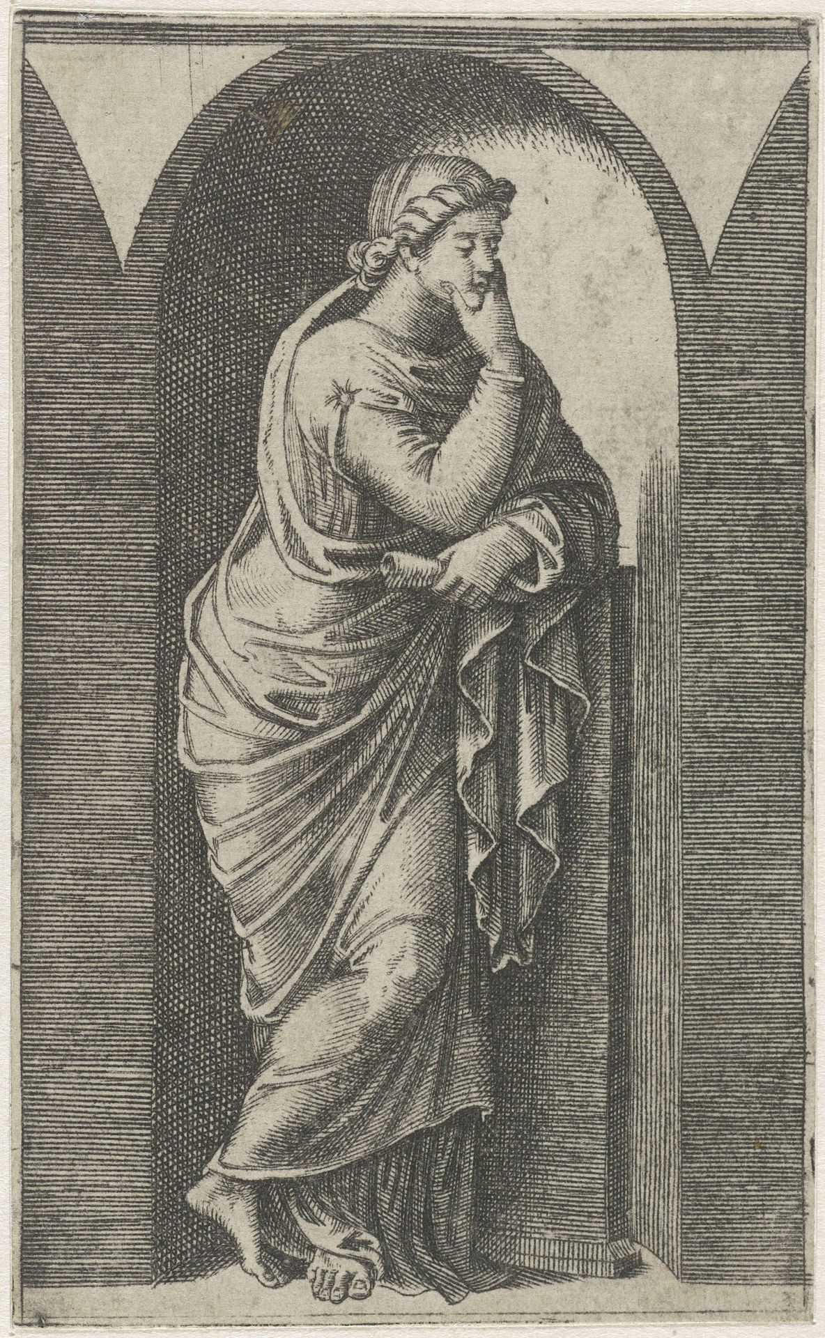 Muze met schriftrol leunend op zuil by Marcantonio Raimondi
