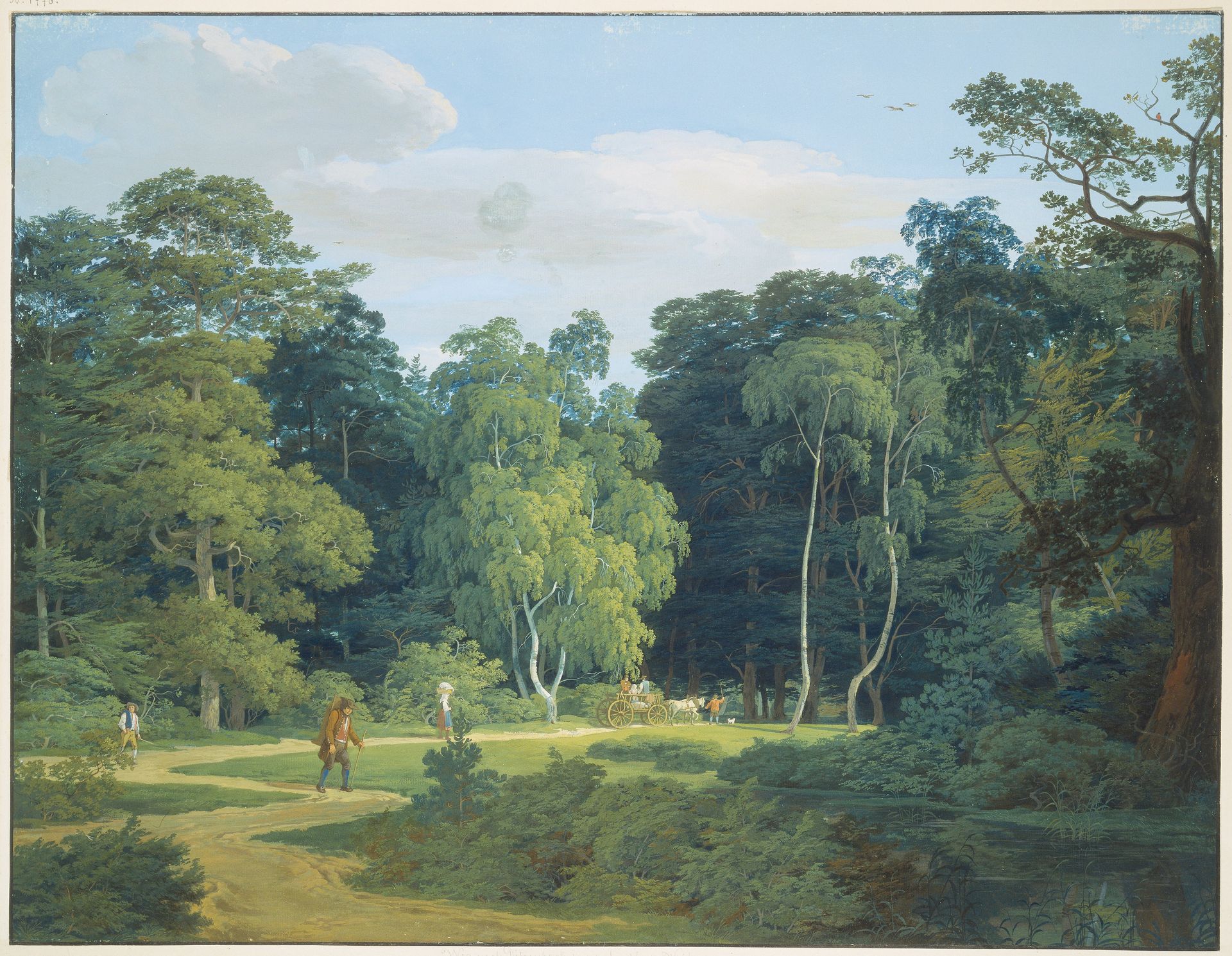 Weg im (Frankfurter_) Wald zwischen Birken und Buchen, mit mehreren Wanderern und einem Bauernwagen mit zwei Schimmeln by Anton Radl