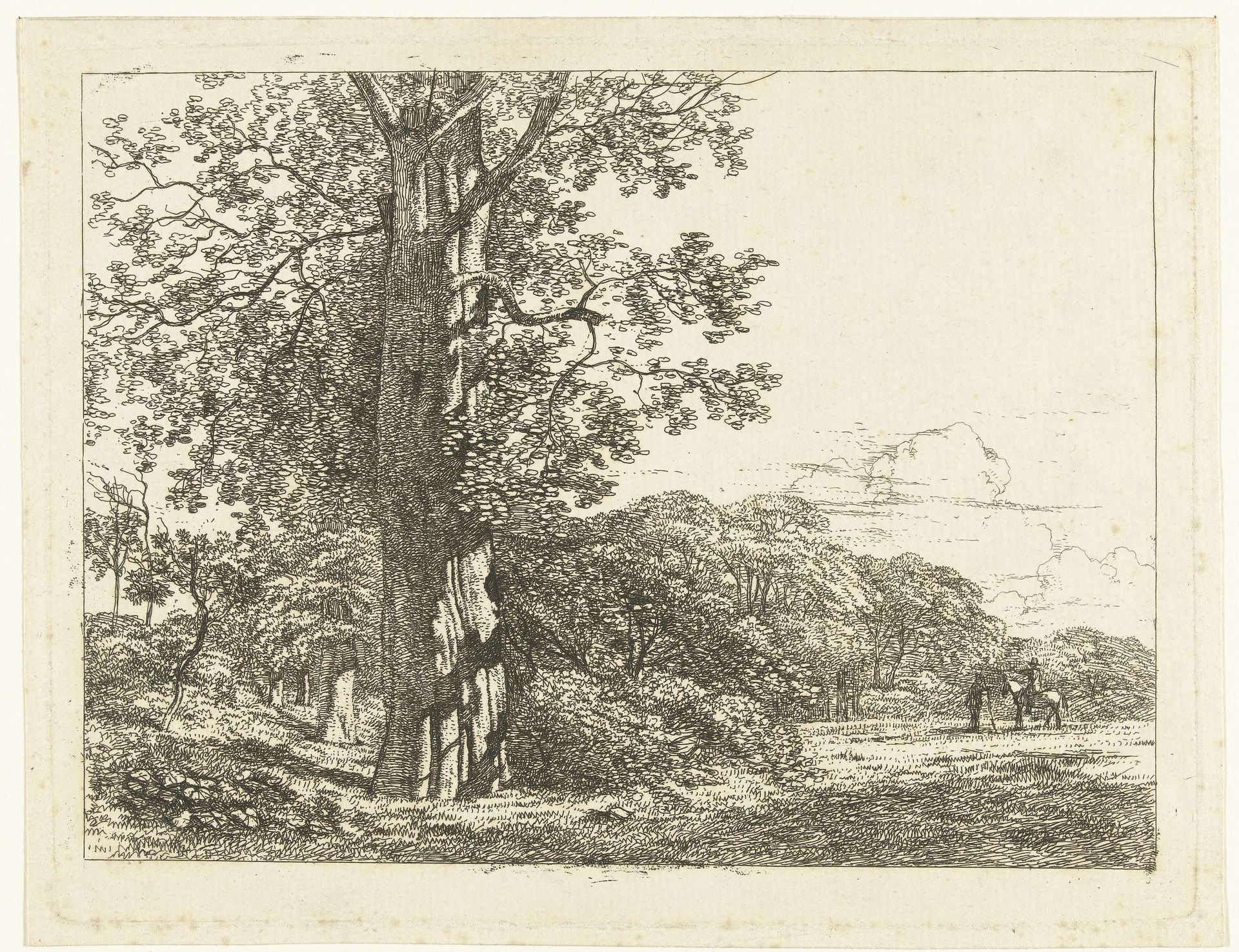 Landschap met grote beukeboom en ruiter in gesprek met man by Albertus Brondgeest
