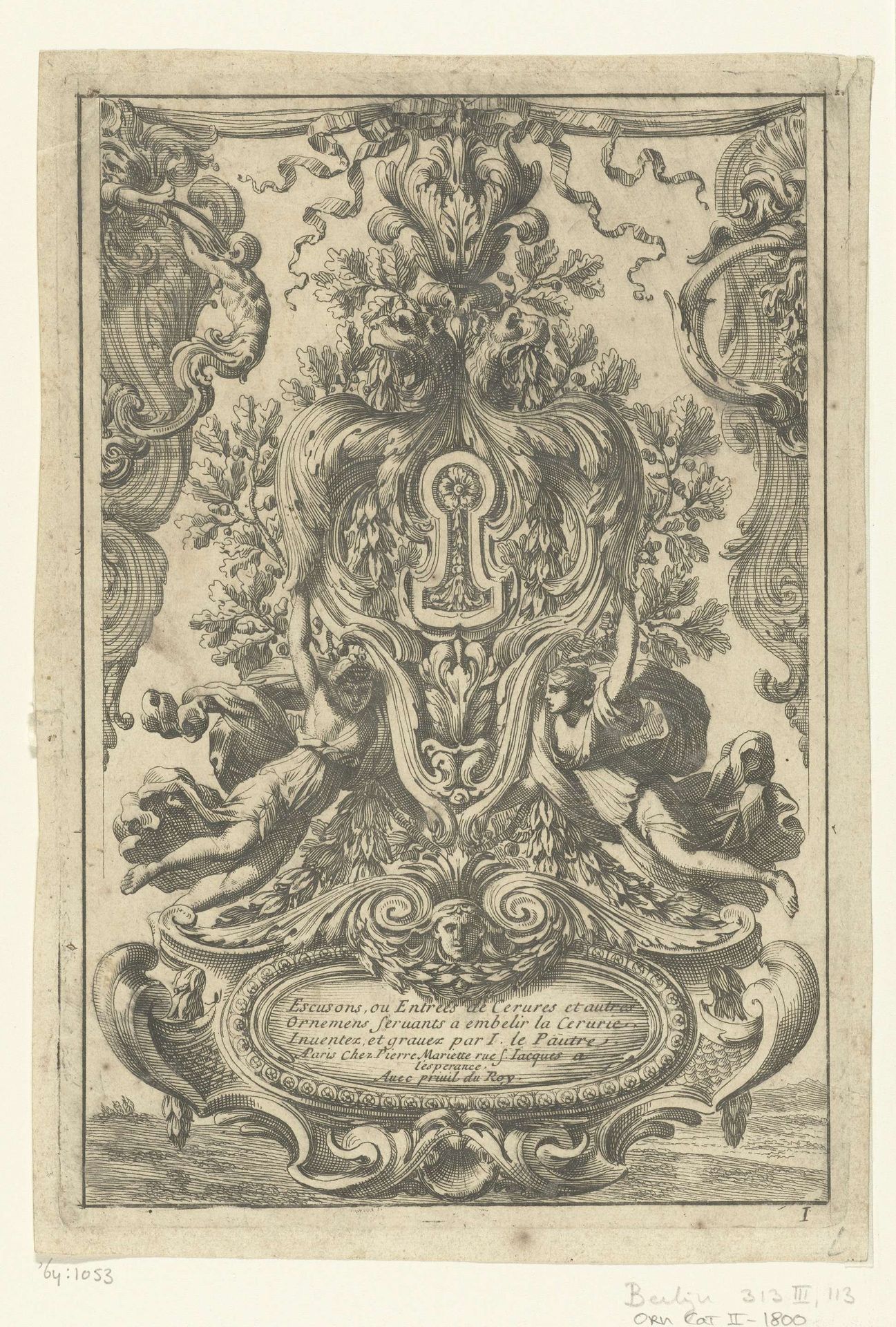 Titelblad: Escusons, ou Entrees de Cerures et autres Ornemens seruants a embelir la Cerurie by Jean Lepautre
