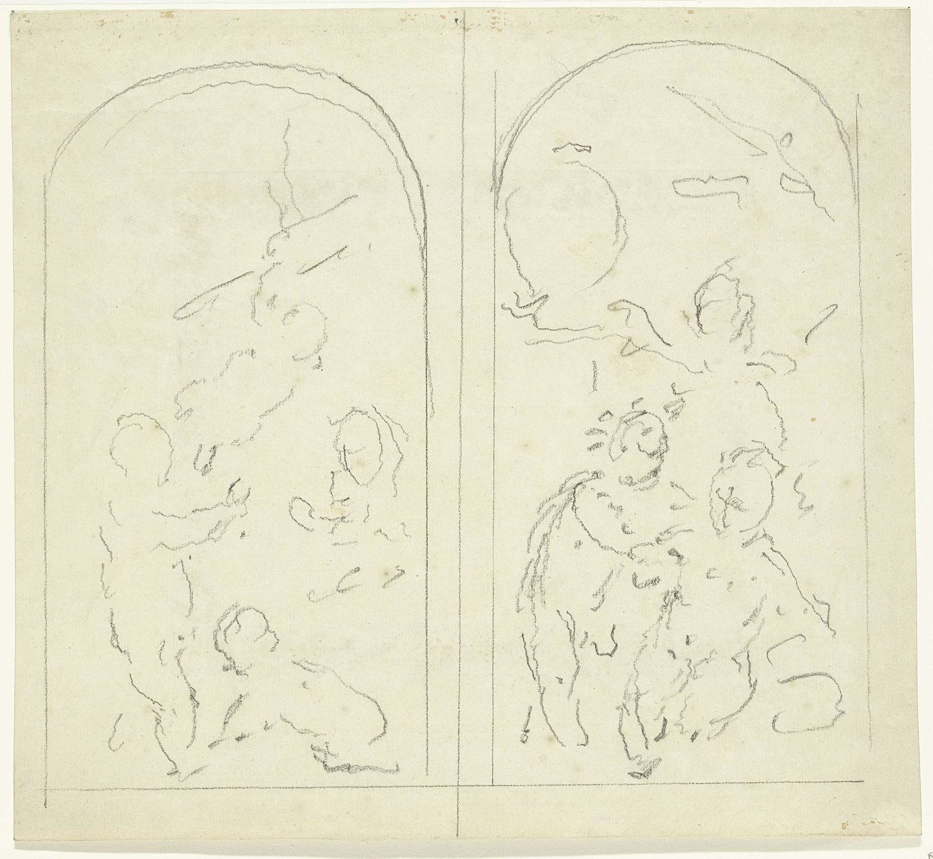 Twee schetsen voor grisailles met putti by Dionys van Nijmegen