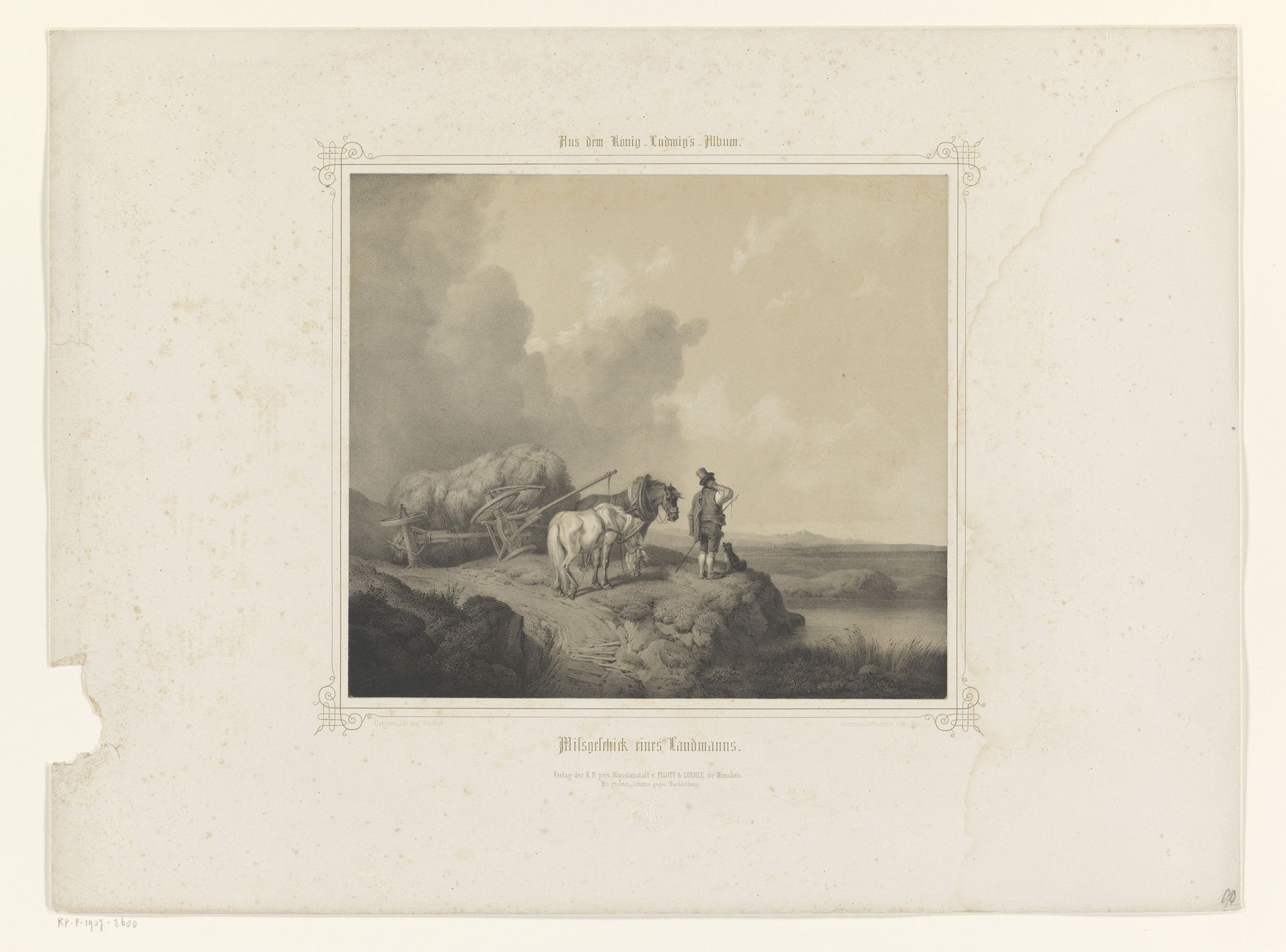 Man bij een omgevallen hooiwagen in een landschap by Johann Wölfle