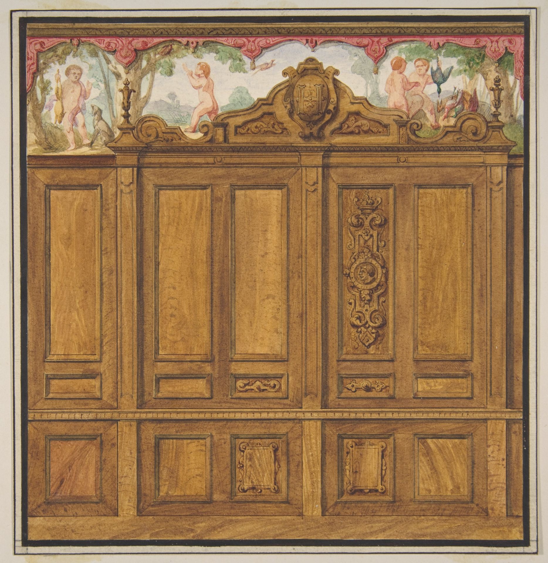 Design for the decoration of a room with a large wood-paneled cupboard surmounted by the monogram:  H by Jules-Edmond-Charles Lachaise