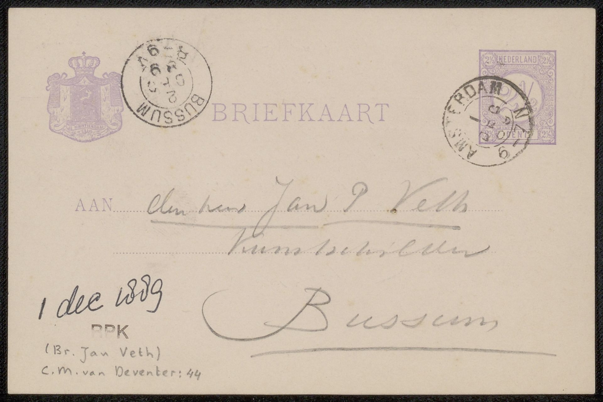 Briefkaart aan Jan Veth by Chap van Deventer