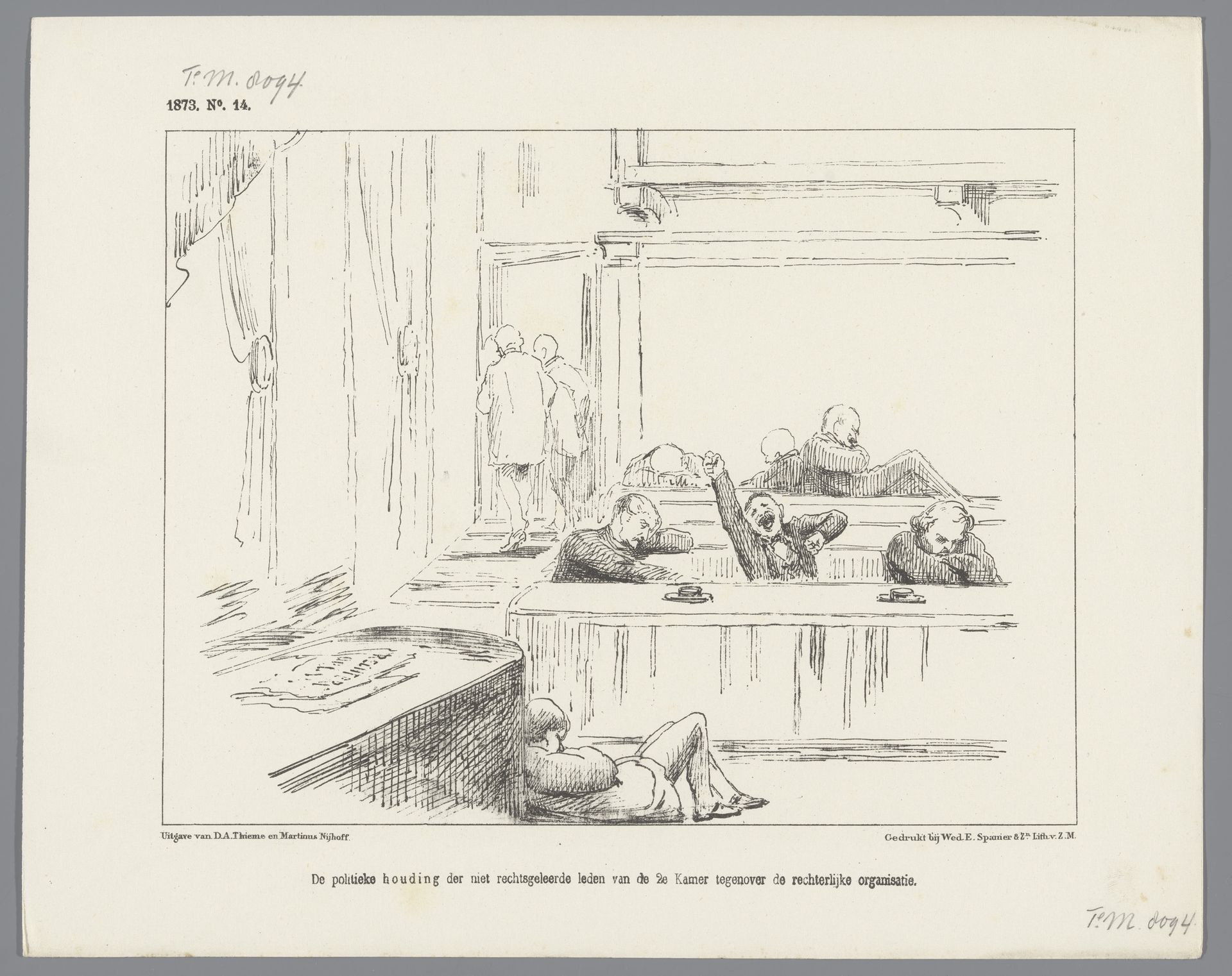 Spotprent over de ontoegankelijkheid van het onderwerp van de rechterlijke organisatie, 1873 by Johan Michaël Schmidt Crans