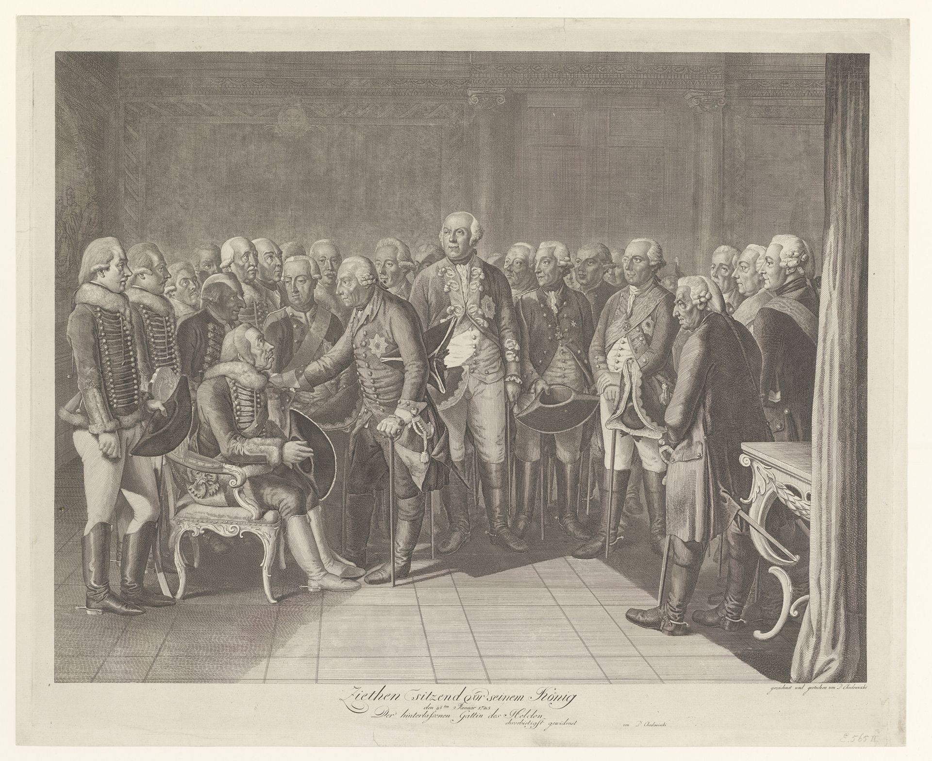 Hans Joachim von Zieten zittend voor Frederik de Grote en zijn gevolg by Daniel Nikolaus Chodowiecki