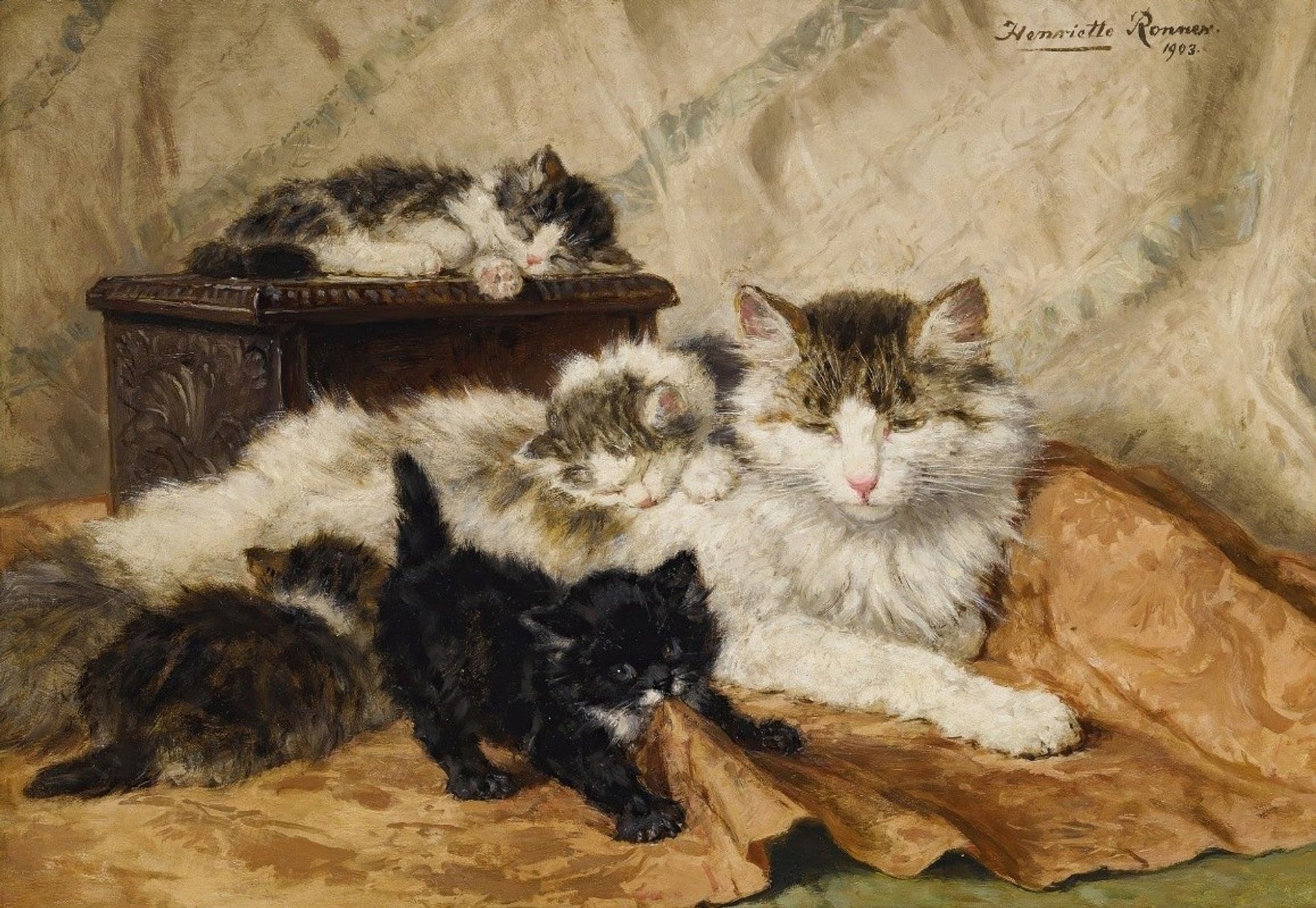 A Mother And Her Kittens by Henriëtte Ronner-Knip
