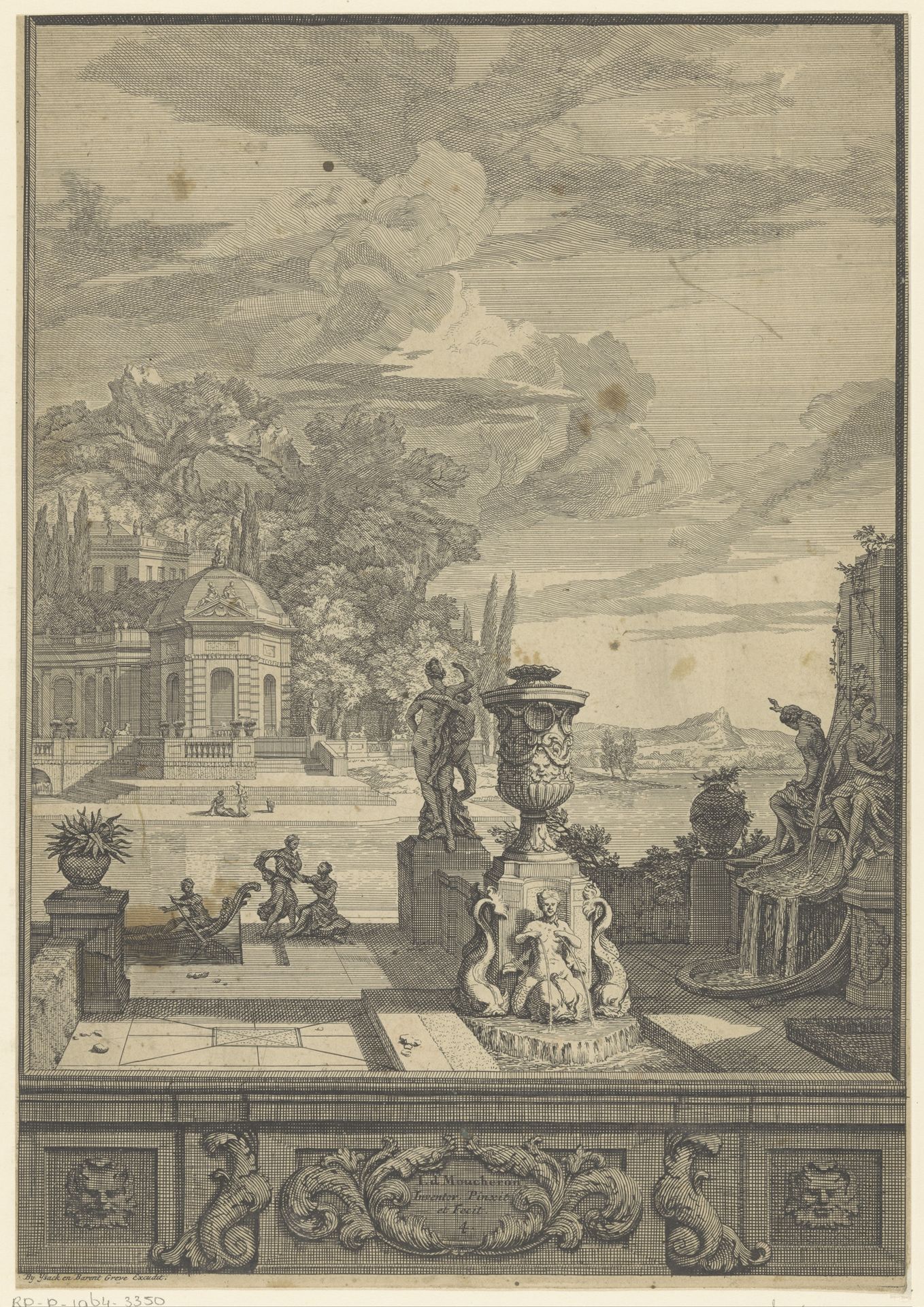 Landschap met fonteinen en een paleis by Isaac de Moucheron