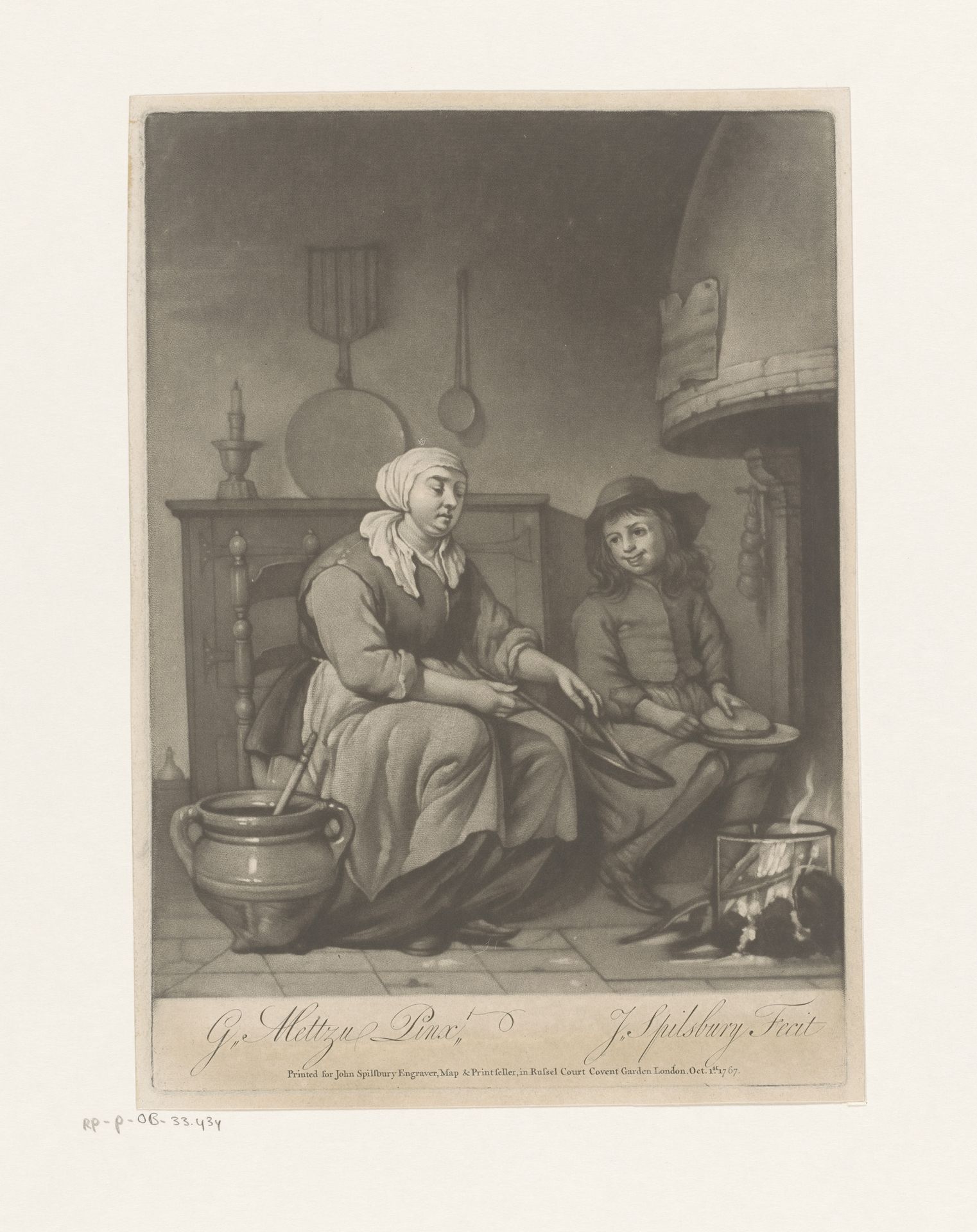 Interieur met koekenbakster en jongen bij een haard by Jonathan Spilsbury