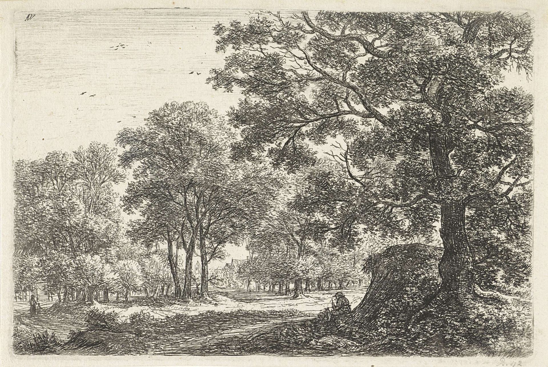 Man met een hond langs een bospad by Anthonie Waterloo
