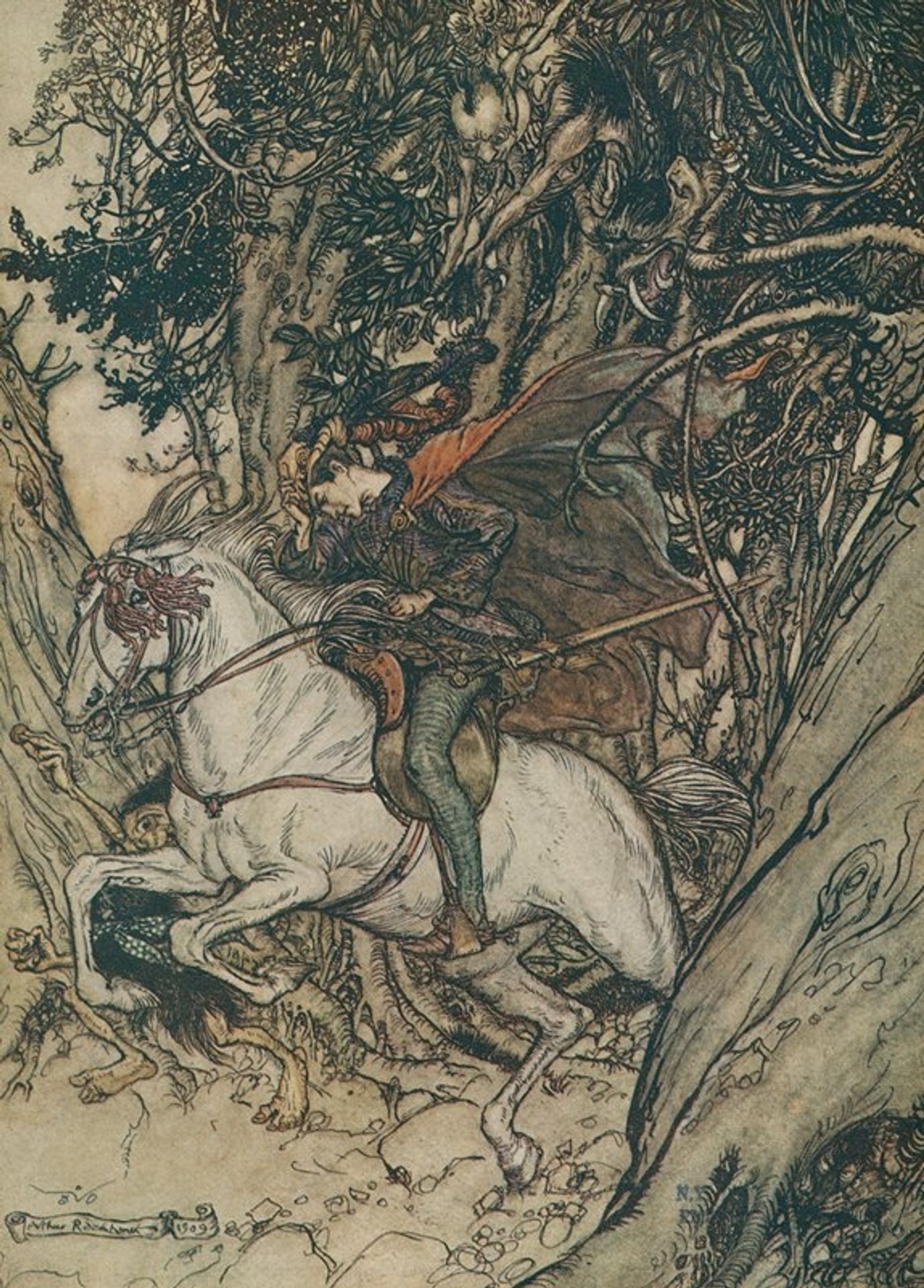 He held up the gold piece, crying at each leap of his, ‘False gold! false coin! false coin!’ by Arthur Rackham