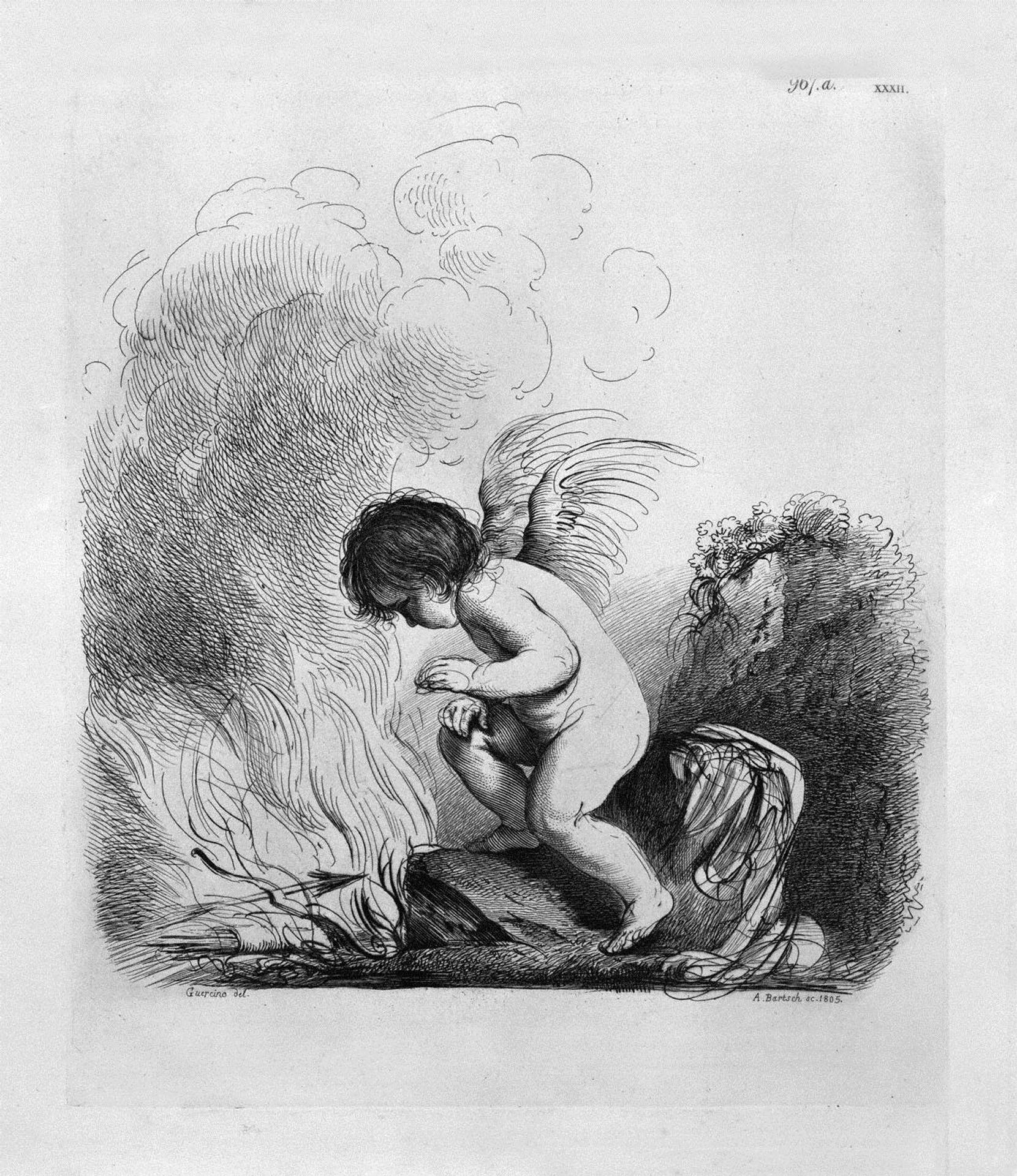 Cupid looking to burn the bow and arrows by Guercino by Giovanni Battista Piranesi