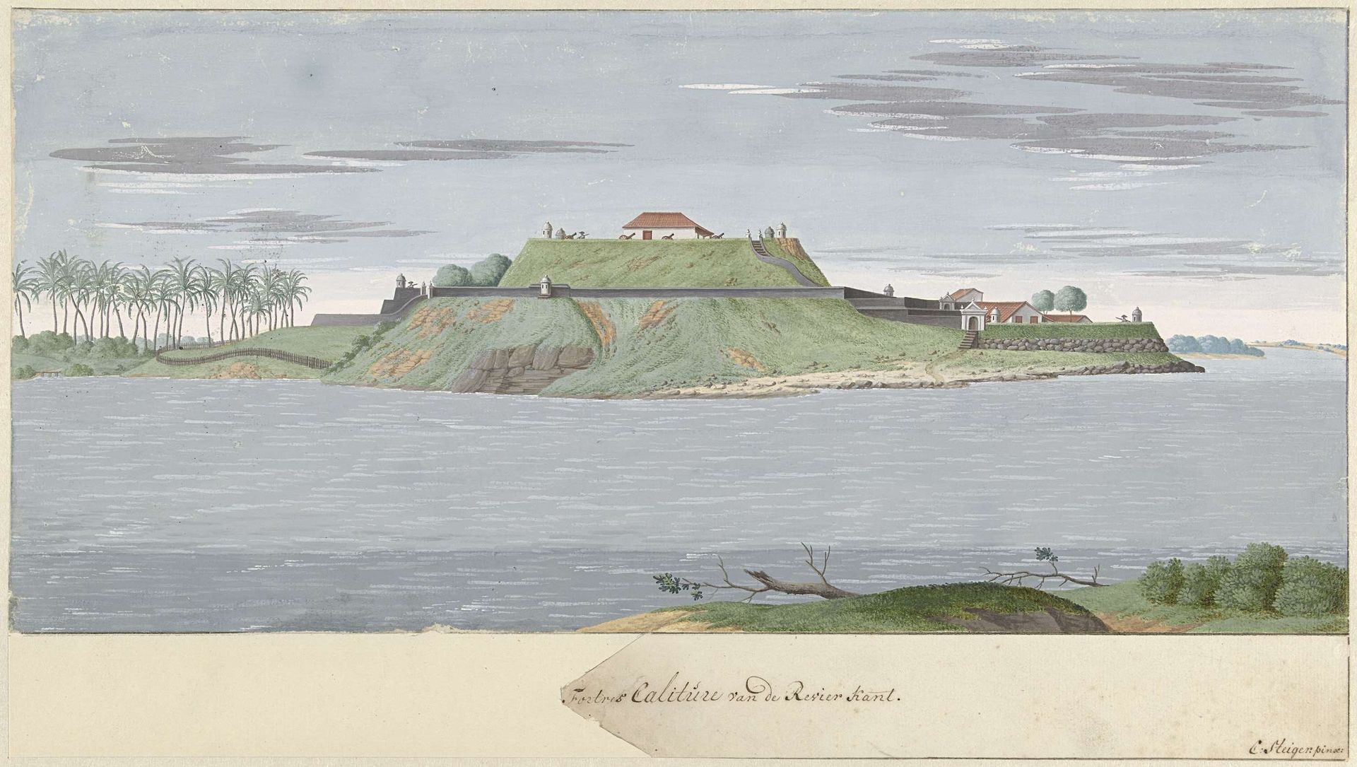 Fort Caliture op Ceylon, gezien van de rivier by Cornelis Steiger