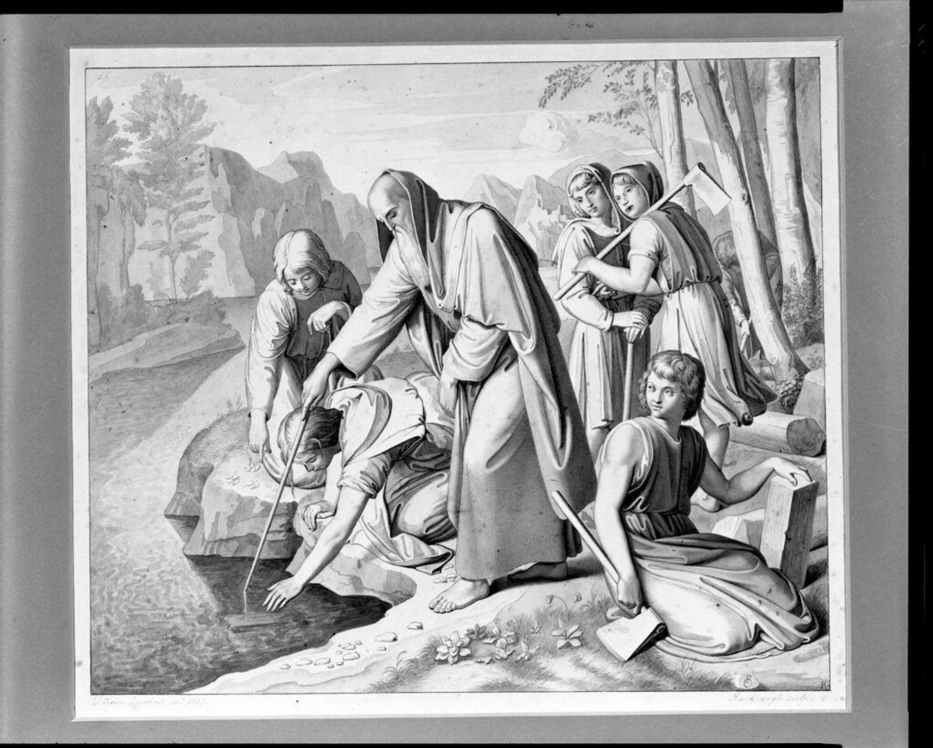 The Prophet Elisha; The Iron Hatchet Made to Swim (after Johann Friedrick Overbeck) by Ferdinand Ruscheweyh