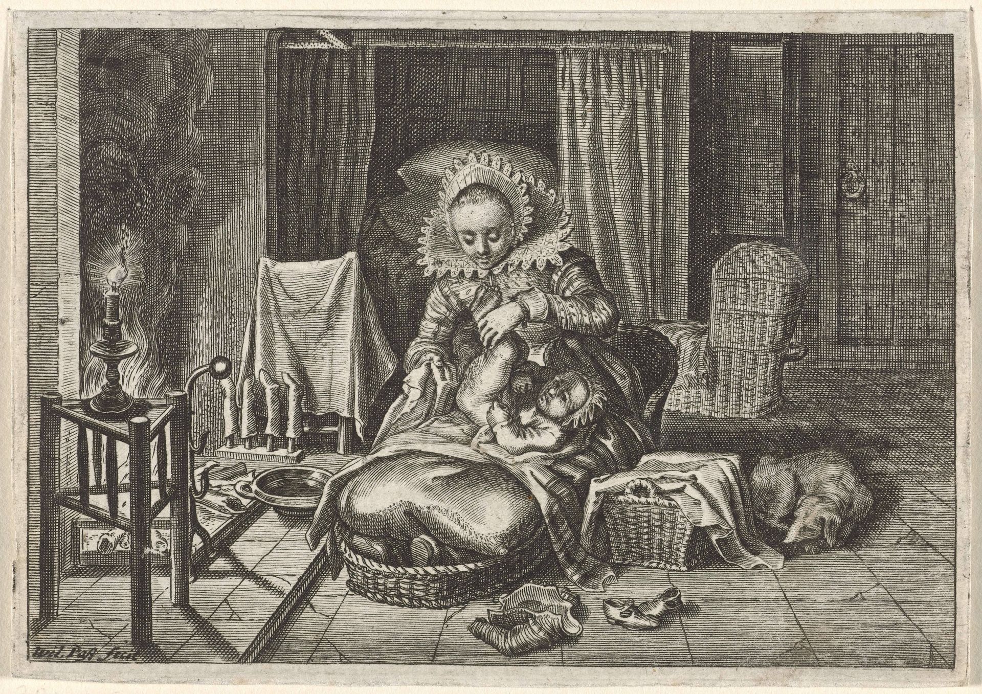 Vrouw verschoont een kind by Willem de Passe