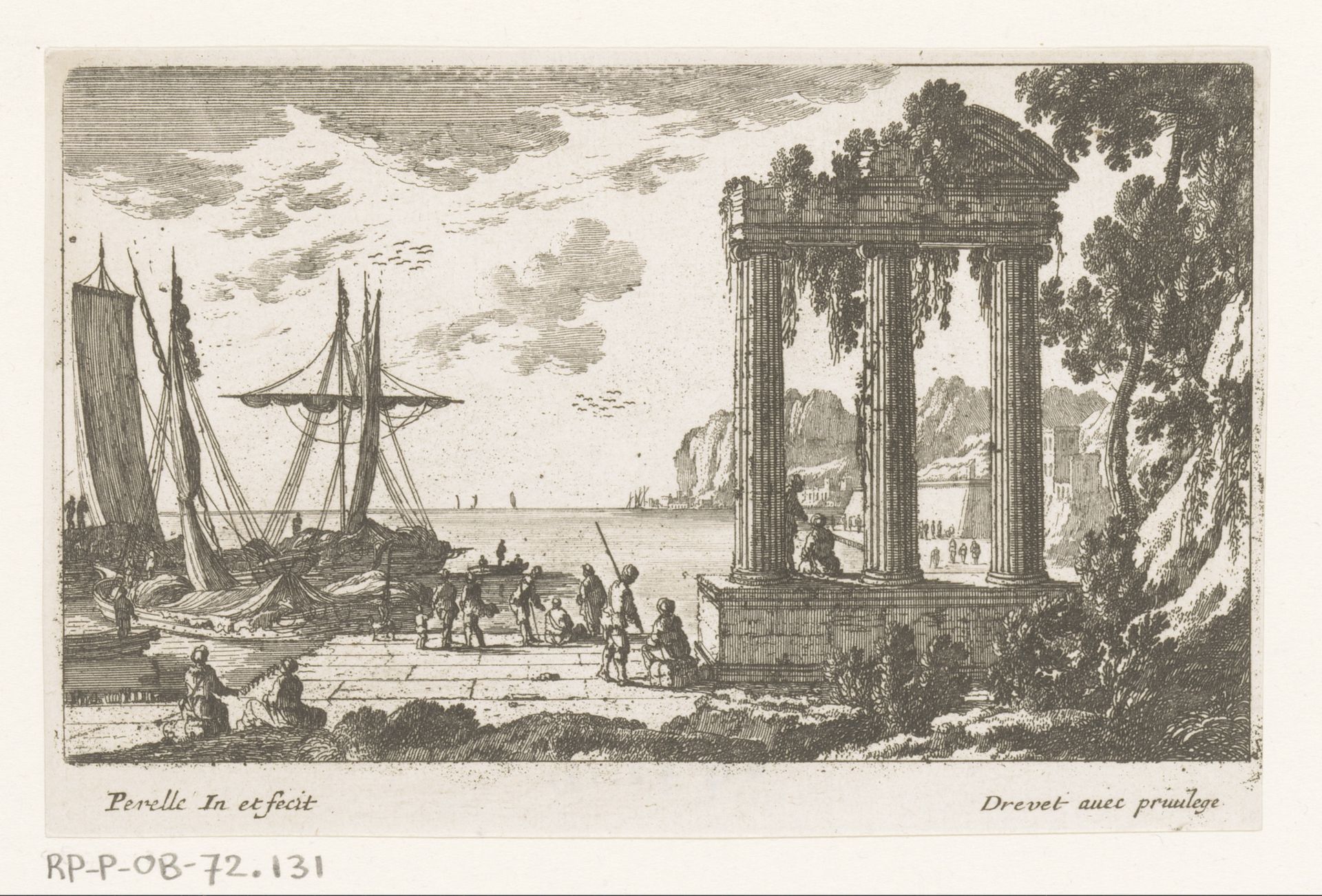 Havengezicht met drie zuilen by Nicolas Perelle