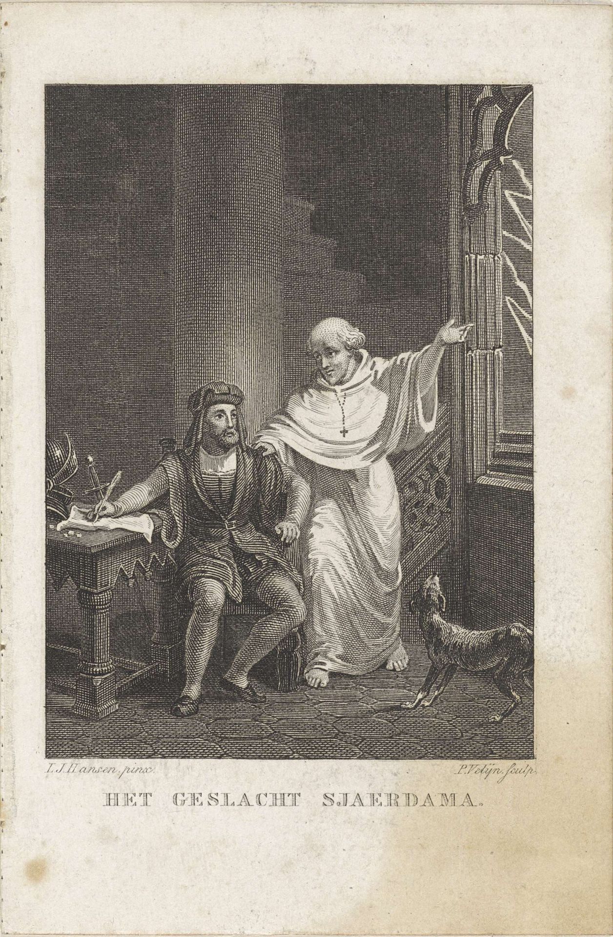 Geestelijke bij een schrijvende man aan een tafel by Philippus Velijn