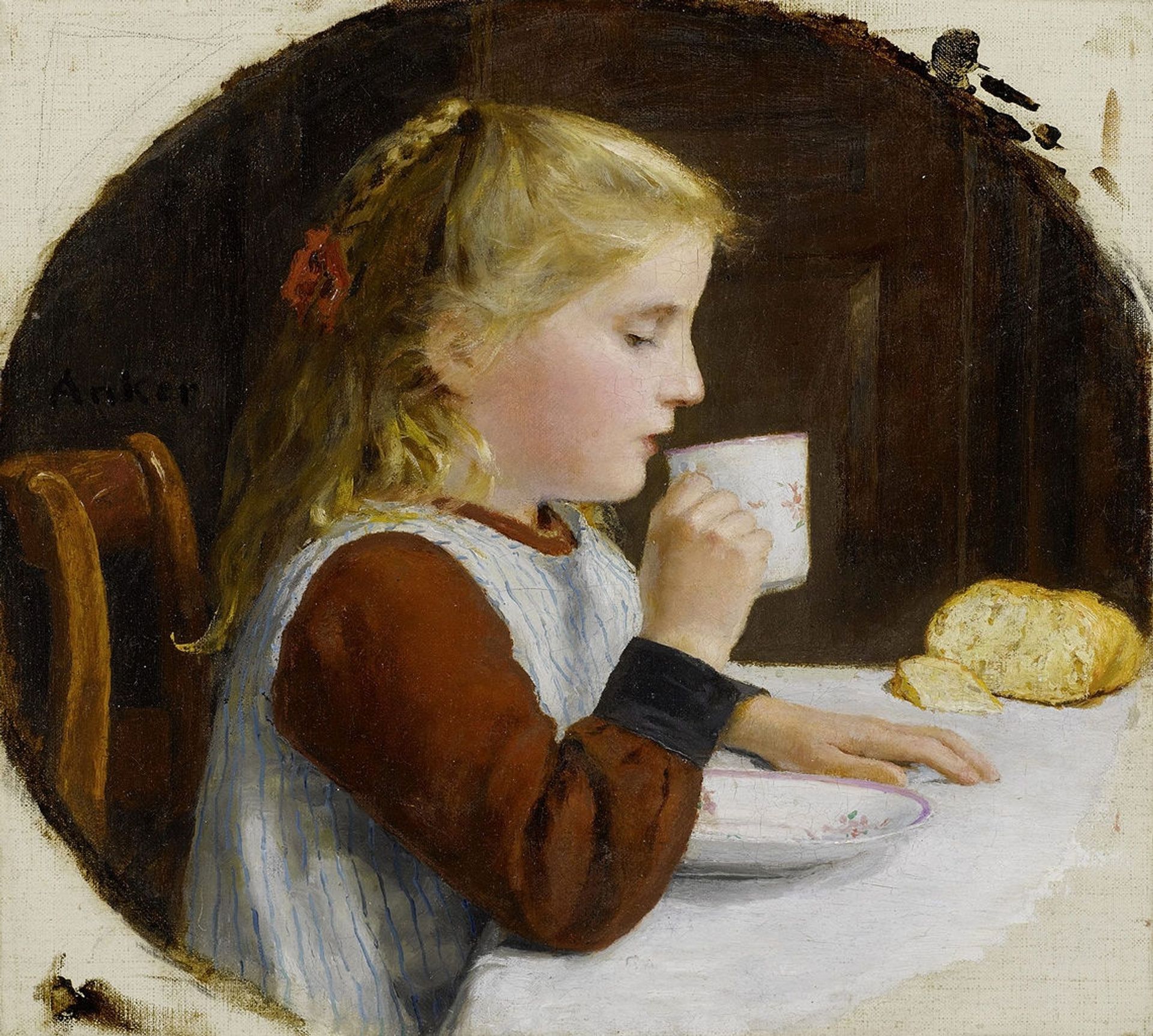 Girl drinking coffee by Albrecht Anker