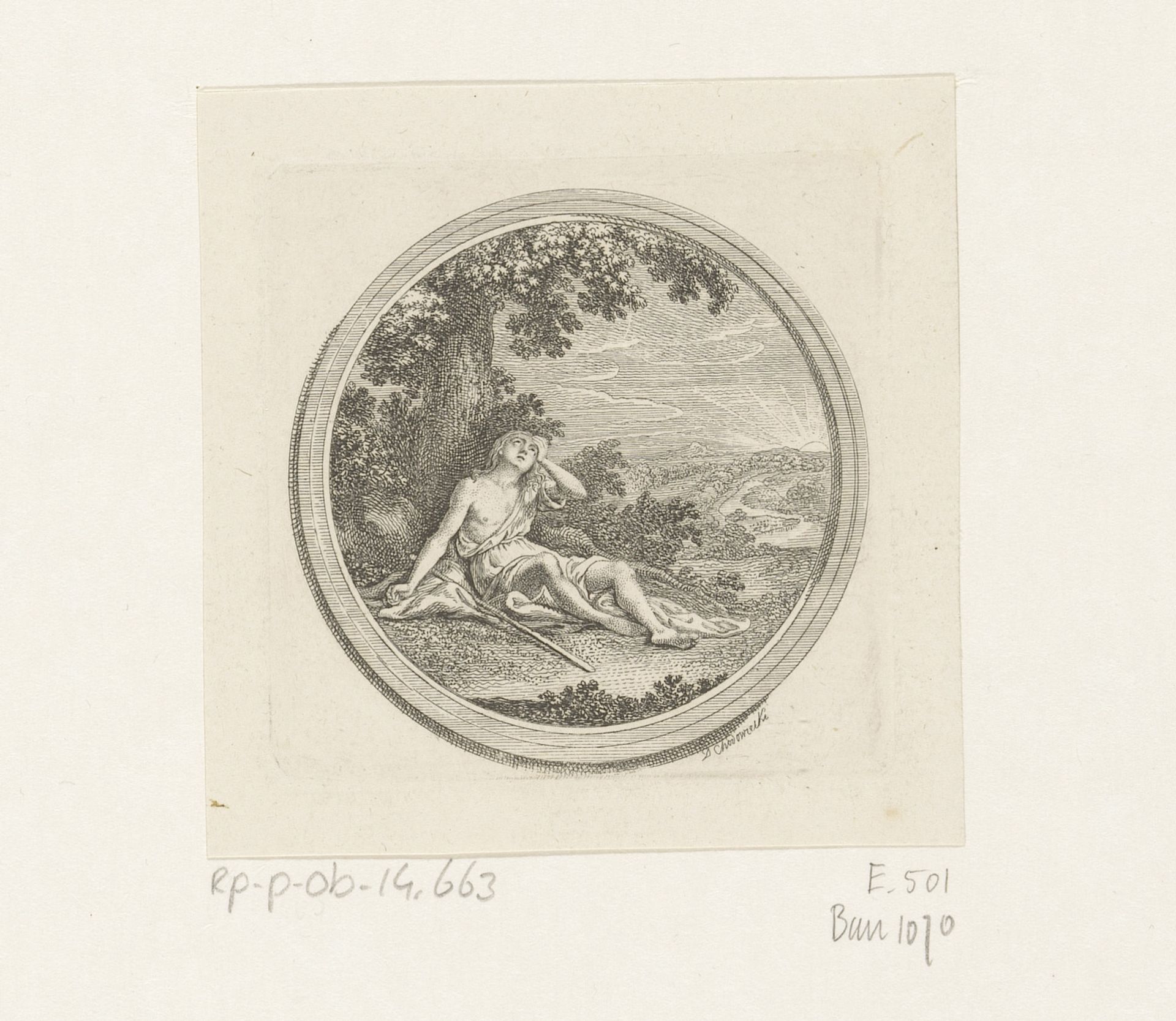 Jakob zittend onder een boom, in de verte de rijzende zon by Daniel Nikolaus Chodowiecki
