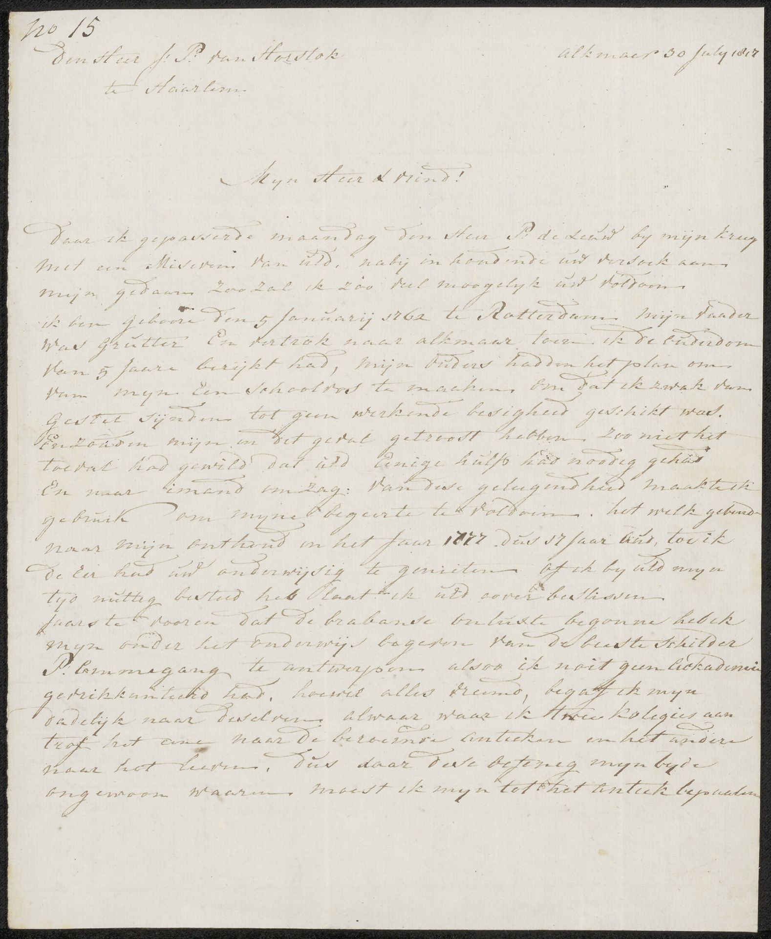 Brief aan Johannes Petrus van Horstok by Adrianus de Visser