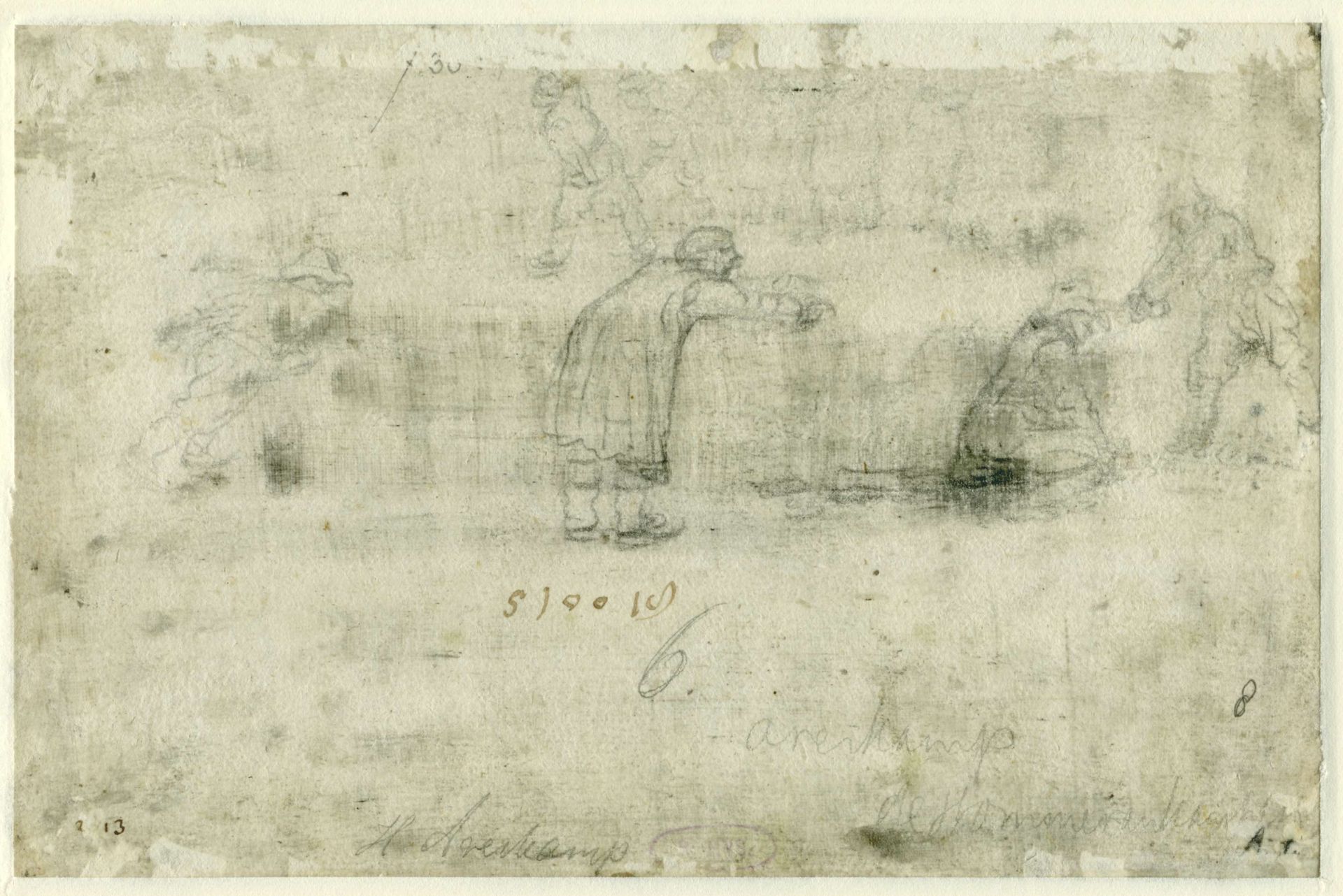 Sketches of Figures on the Ice / recto: Winter Scene on the Frozen Canal near the Kalverhekkenpoort, Kampen by Hendrick Avercamp
