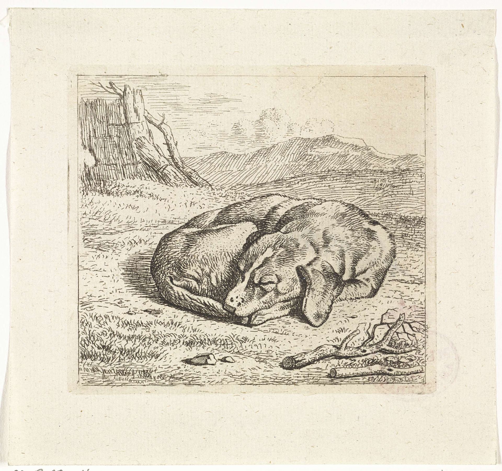 Slapende hond in landschap by Wouter Johannes van Troostwijk