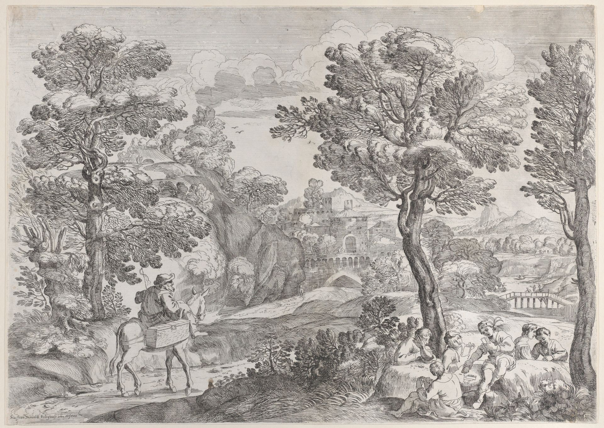 A group of people playing cards at right and a man on horseback at left by Giovanni Francesco Grimaldi