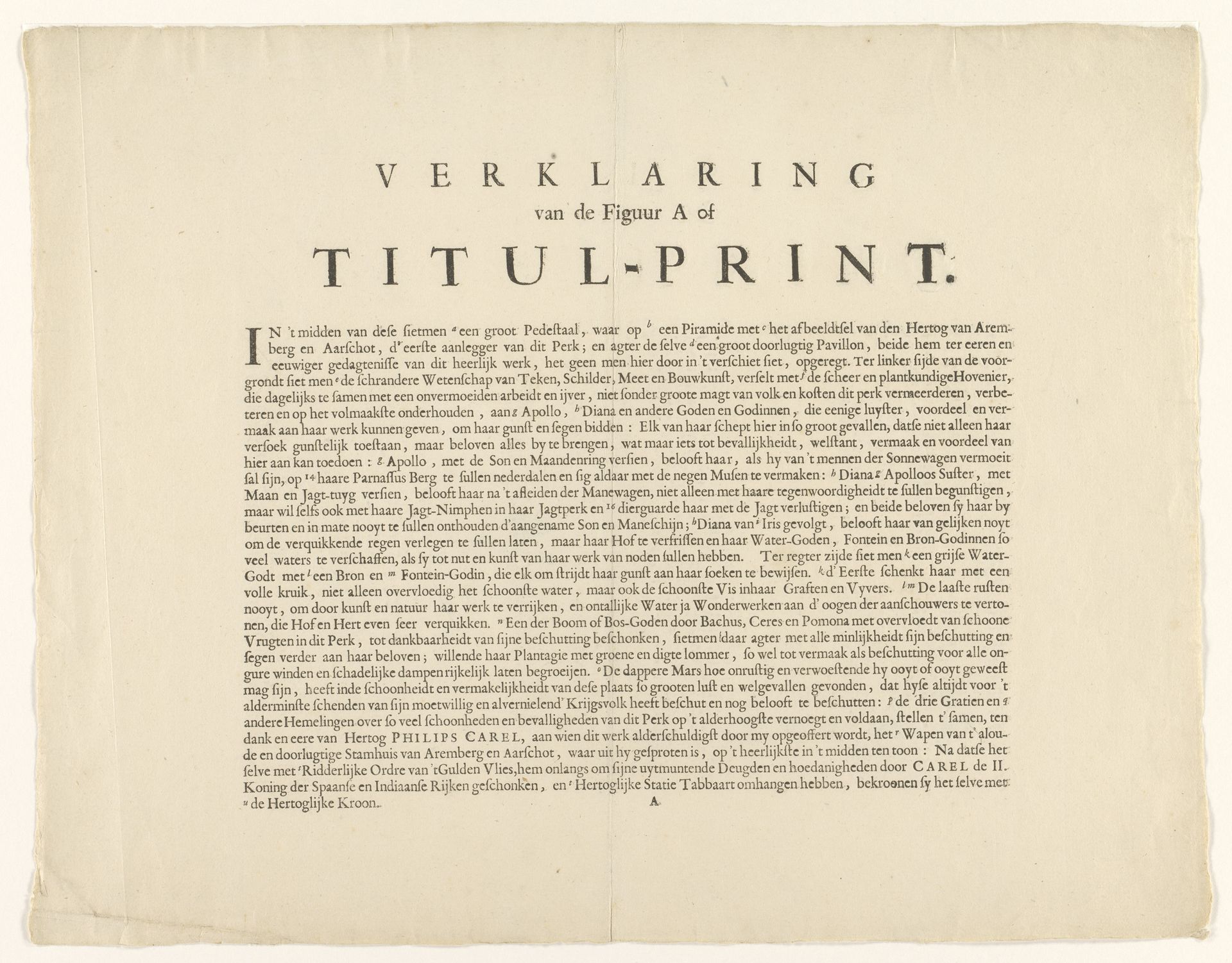 Beschrijving bij de titelprent voor prentserie 'Het park van Enghien (Edingen)' door Romeyn de Hooghe by Romeyn de Hooghe