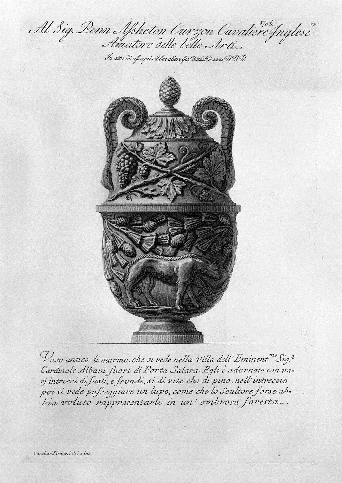 ntique vase of marble with intertwining vines and pine and the figure of a wolf by Giovanni Battista Piranesi