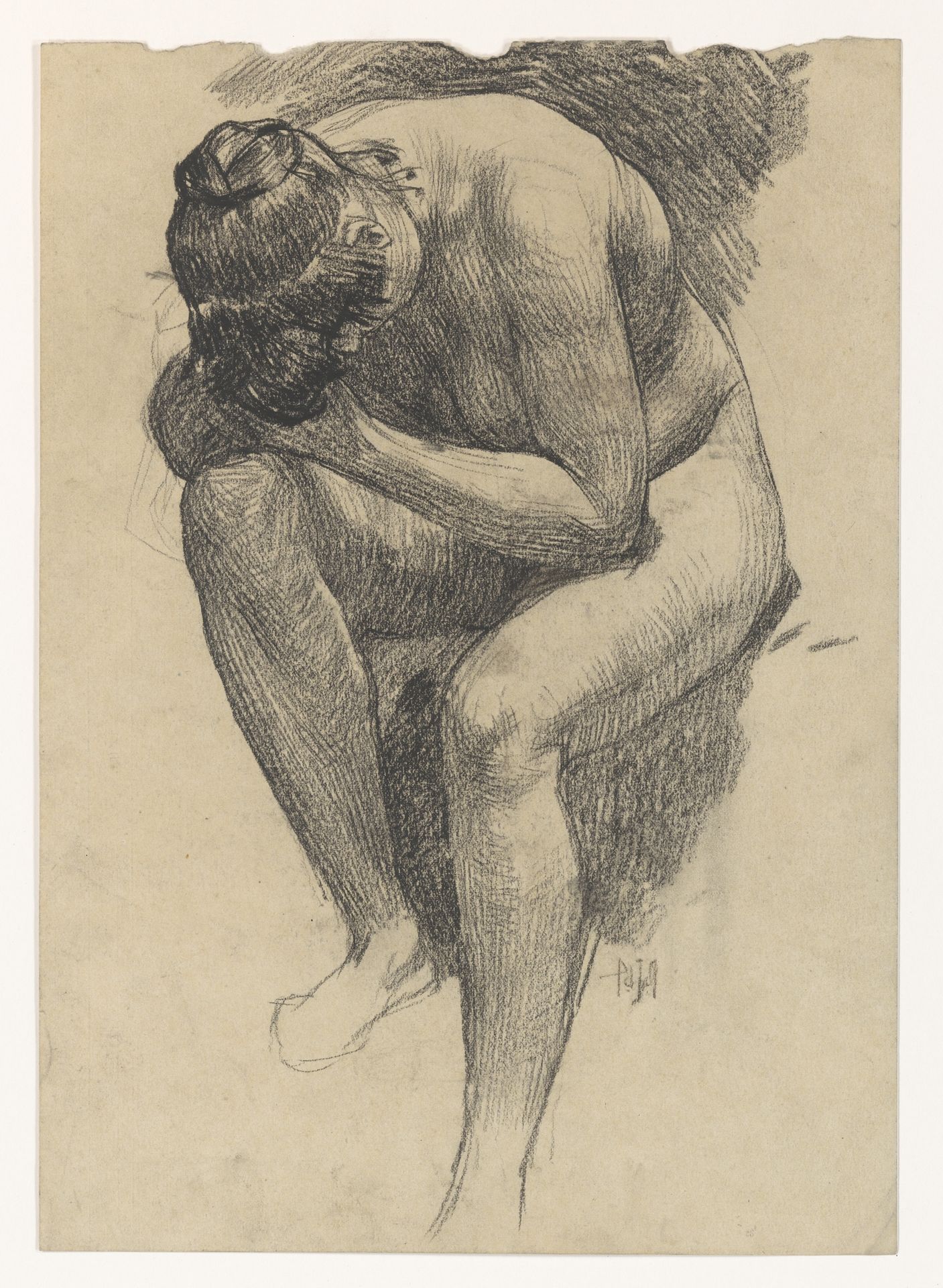 Naaktstudie van een voorover gebogen zittende vrouw by Pieter de Josselin de Jong