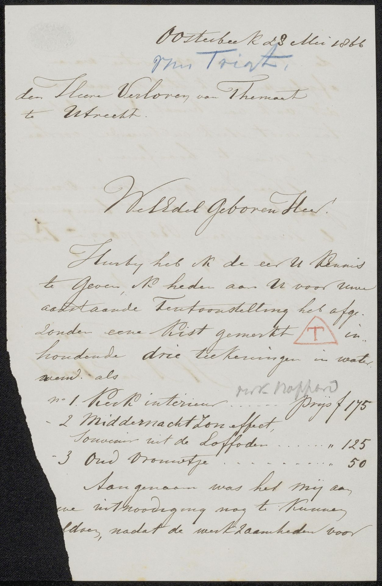 Brief aan Pieter Verloren van Themaat by Hendrik Albert van Trigt