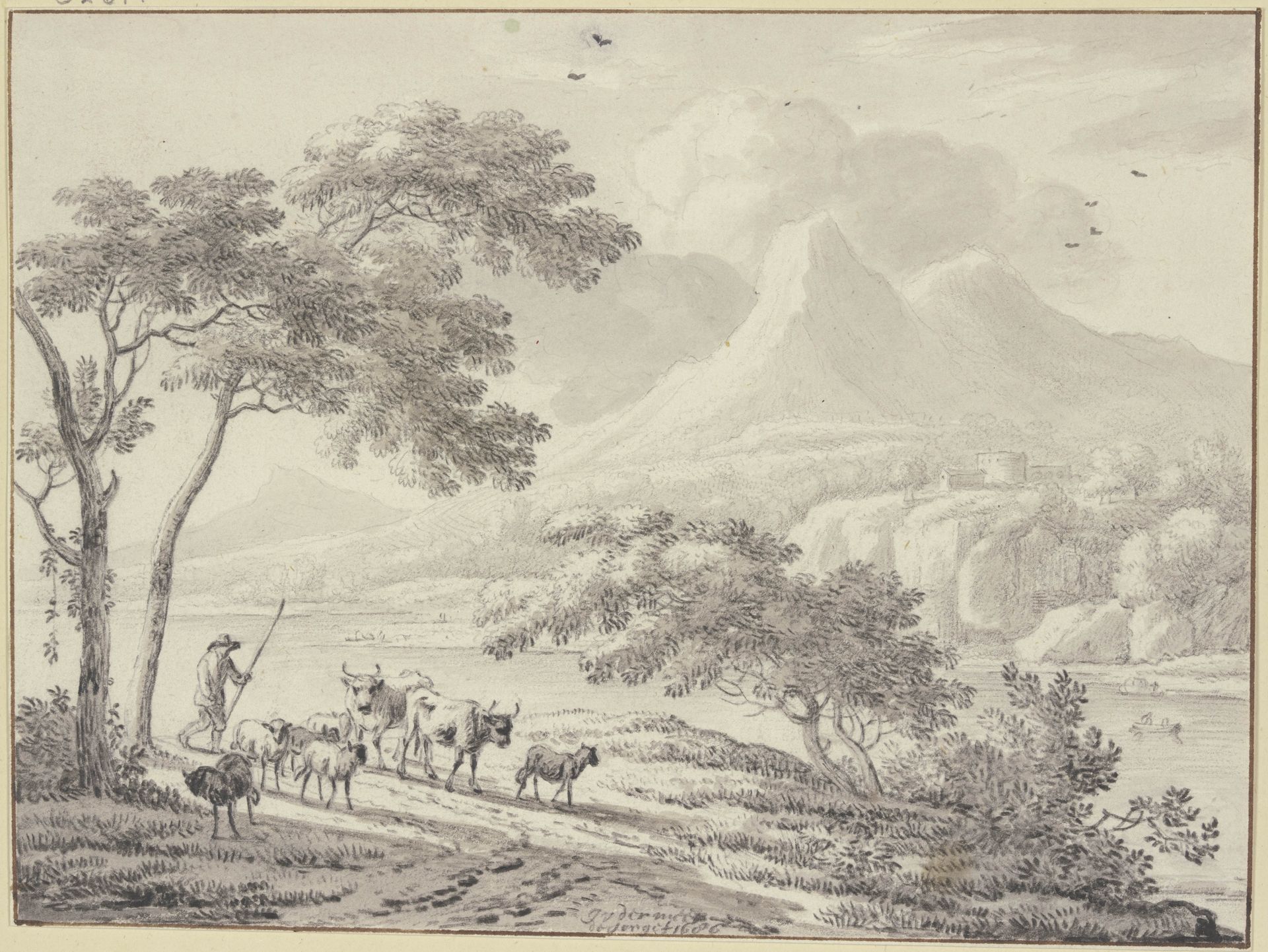 An einem Fluss hoher Gebirge, links unter einer Baumgruppe zwei Kühe und Schafe mit einem Hirten by Jan Vermeer van Haarlem d. Ä.