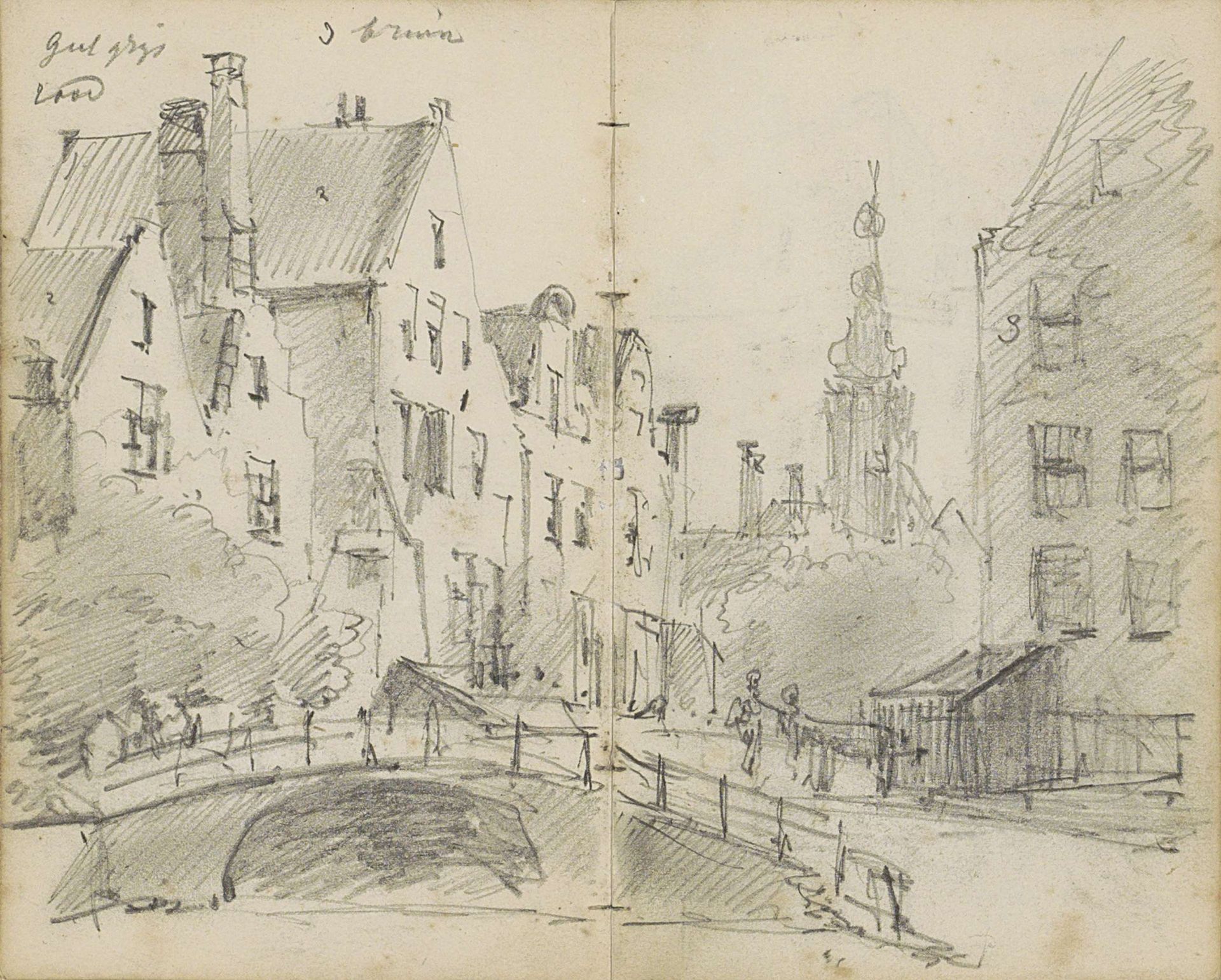 Stadsgezicht met een brug over een gracht en een kerktoren by Willem Koekkoek