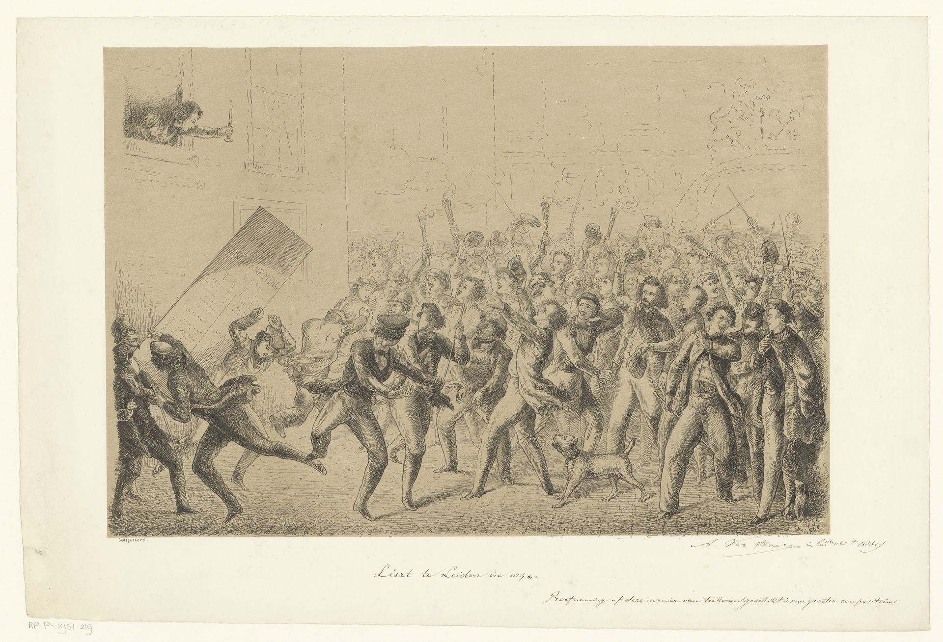 Feestvierende studenten begroeten hun idool Franz Liszt by Alexander Ver Huell