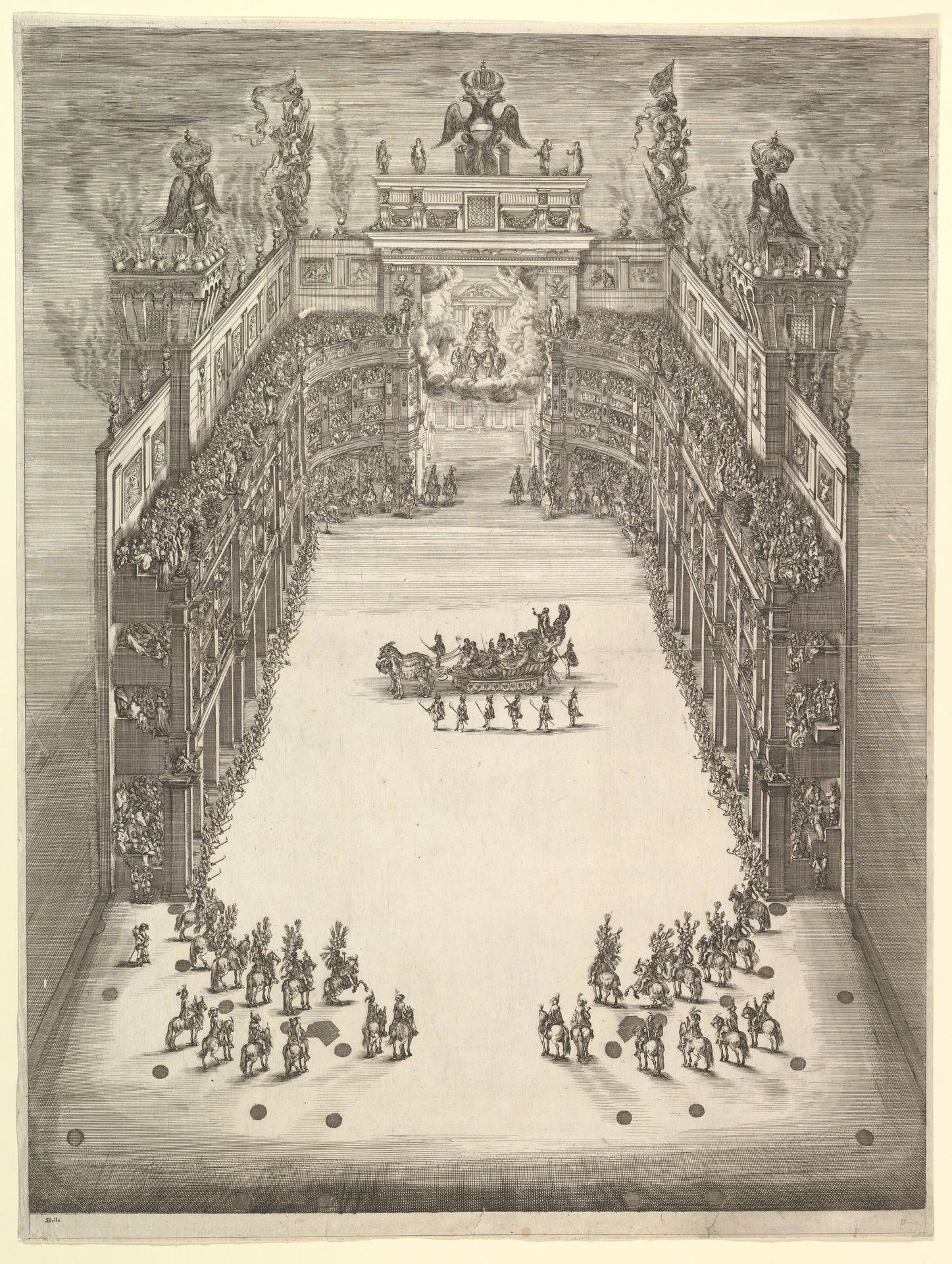 Theater at Modena, seen from above and filled with spectators, with a triumphal car at center and horses in formation at lower left and right, from 'La Gara delle Stagioni' by Stefano della Bella