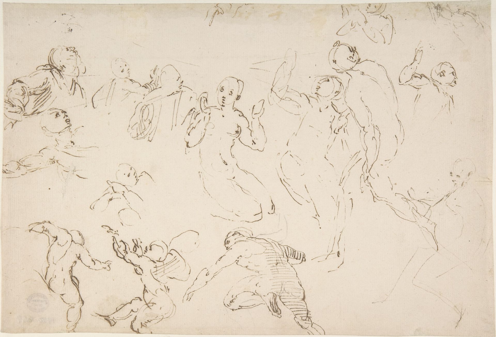 Standing and Kneeling Figures, and Studies of Flying Putti by Francesco Curia