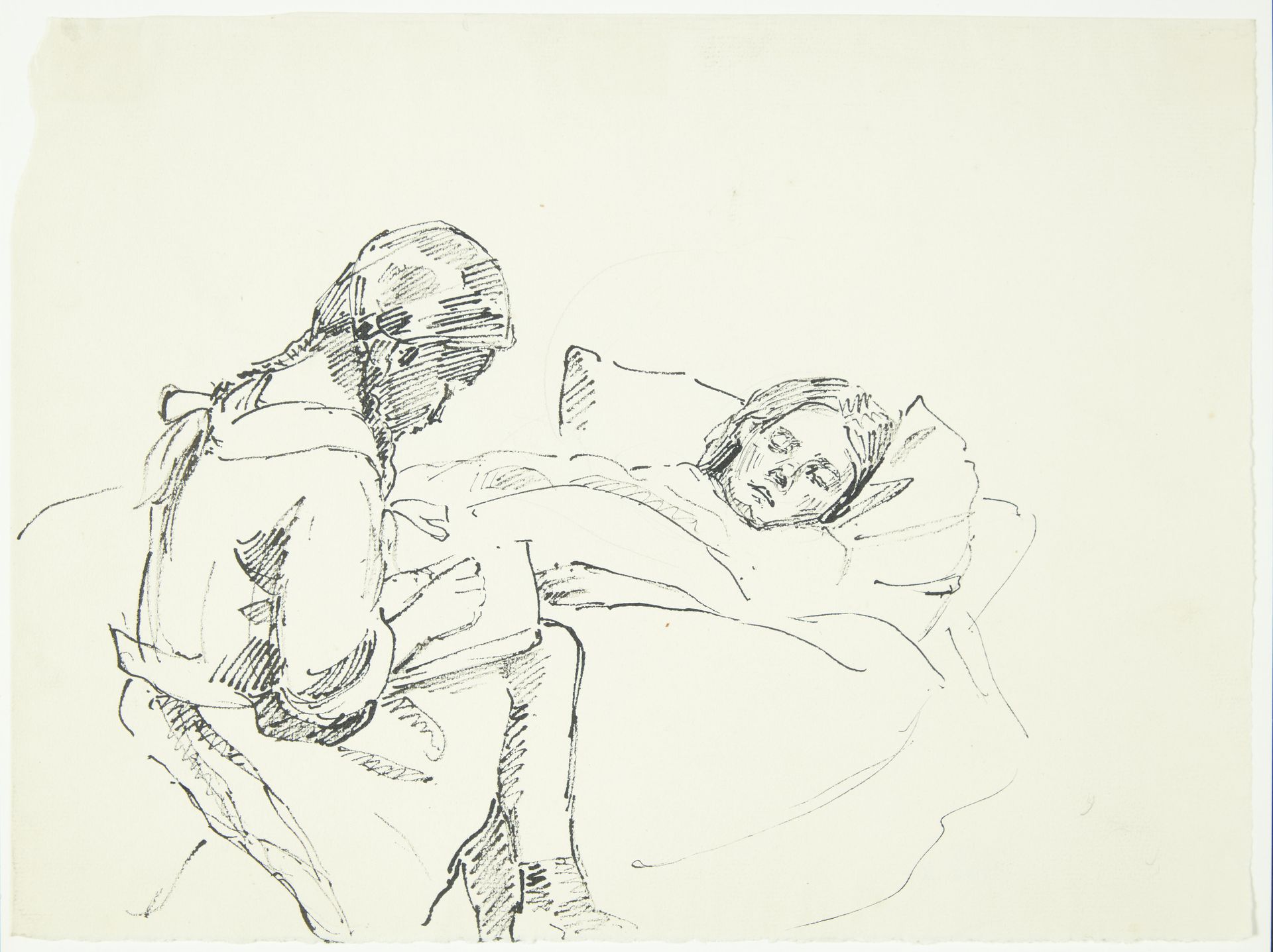 Lille pige læser højt for en syg (kunstnerens hustru og datter) by Peter Hansen