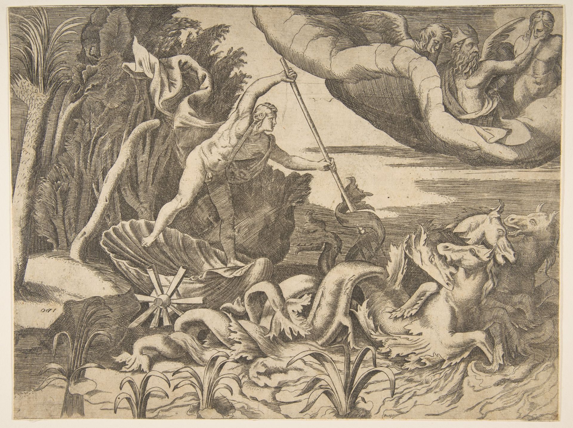 Neptune in his Chariot being drawn by seahorses, from the 'Division of the Universe' by Giulio Bonasone