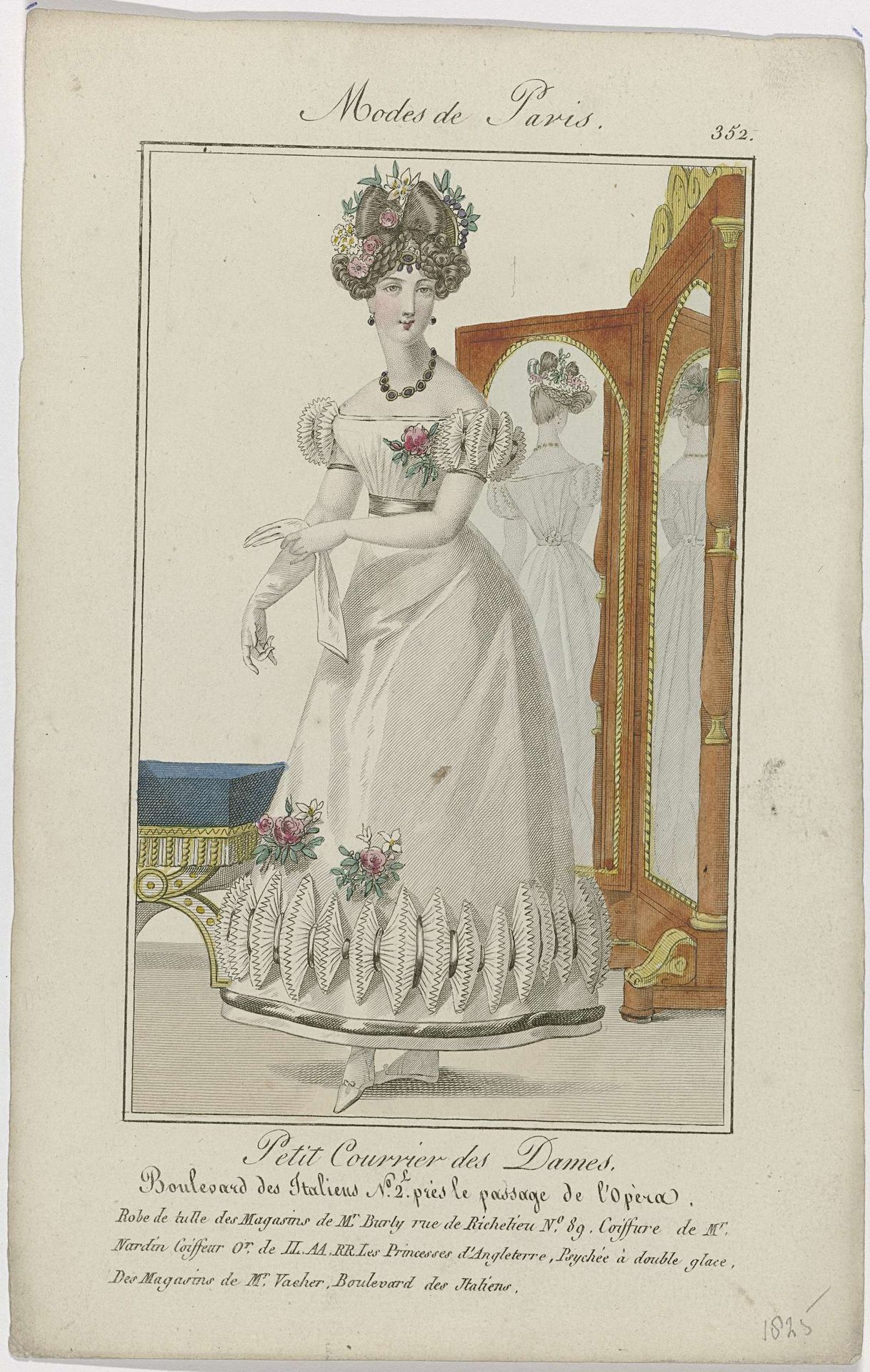 Petit Courrier des Dames, 1825, No. 352 : Robe de tulle des Magasins de Mr Burly (...) by Anonymous