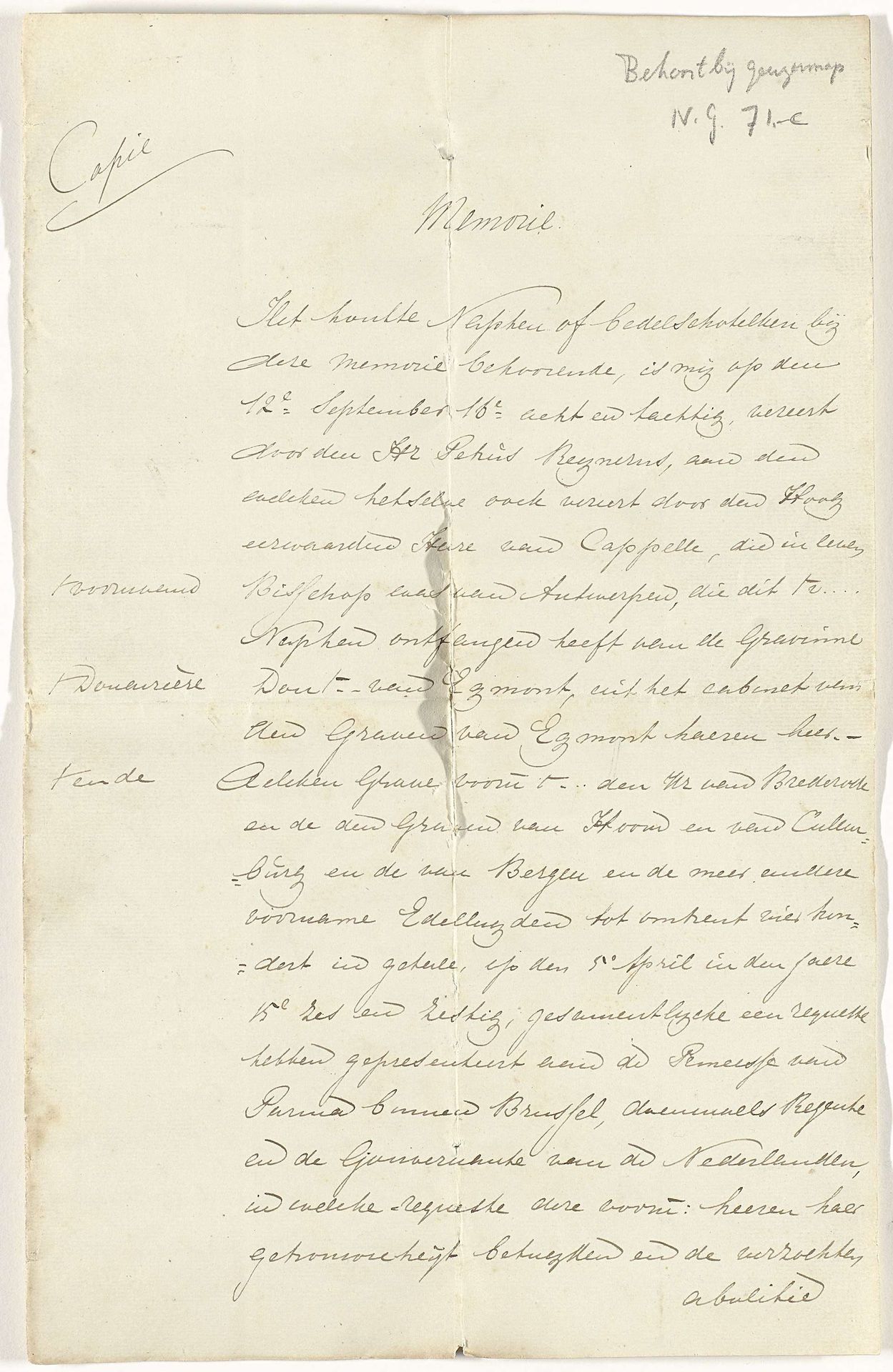 Kopie van een document over de herkomst van de geuzennap by Jacob baron van Slingelandt