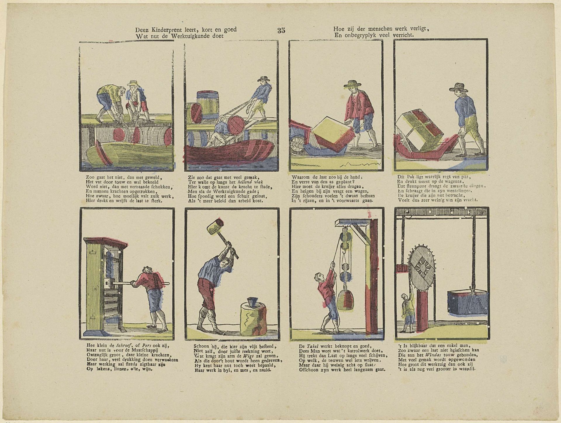 Deez kinderprent leert, kort en goed / Wat nut de werktuigkunde doet / Hoe zij der menschen werk verligt, / En onbegryplyk veel verricht by Franciscus Antonius Beersmans