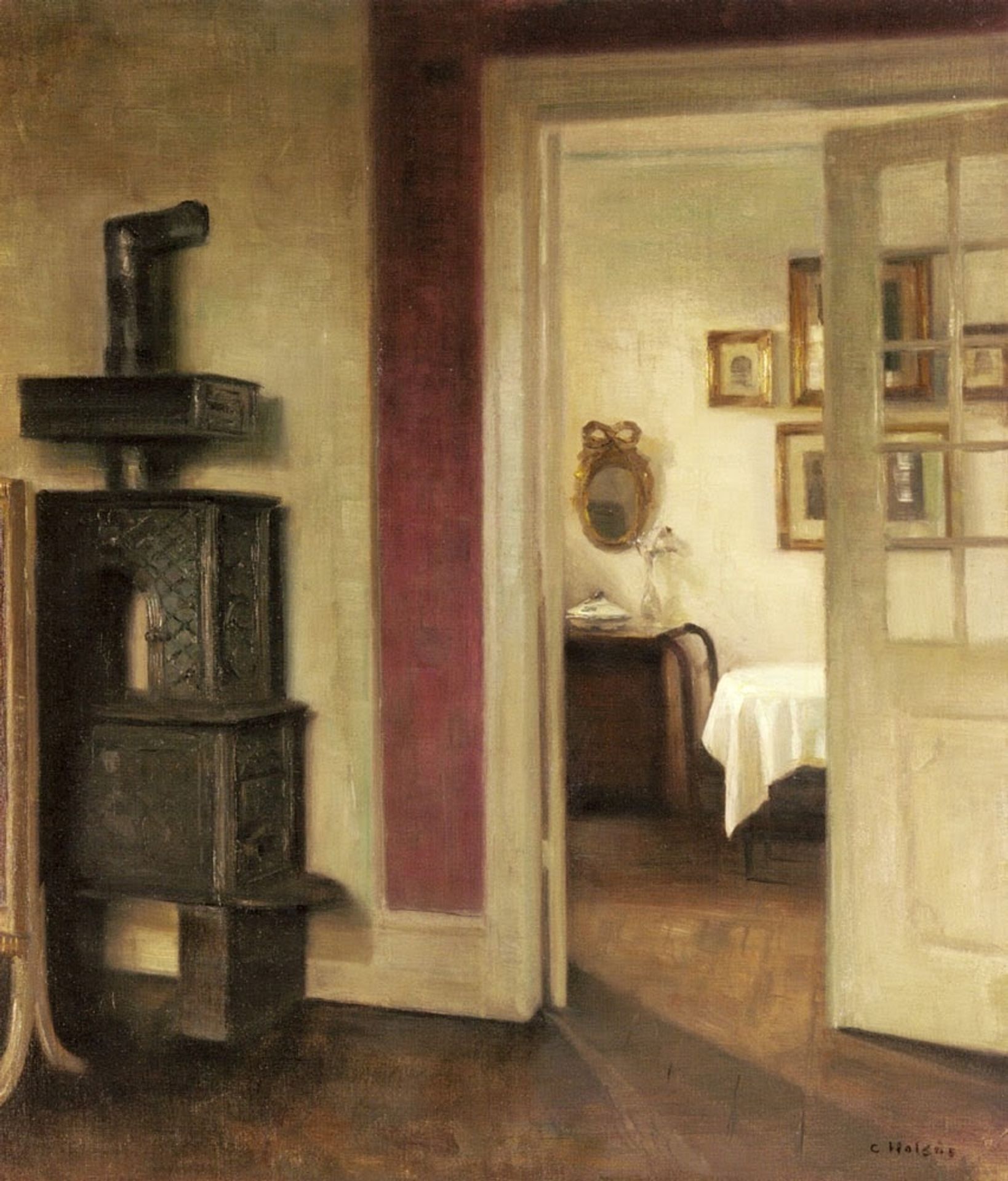 An Interior with a Stove and a View into the Dining Room by Carl Holsøe