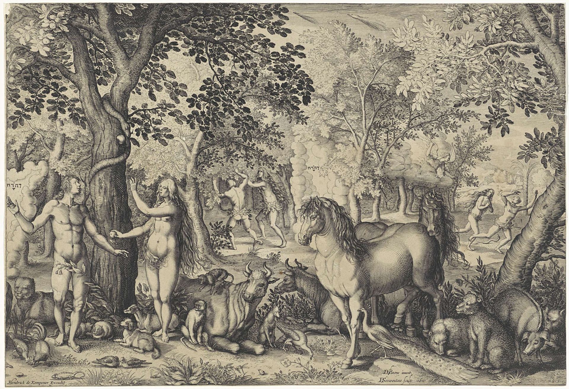 Adam en Eva in het paradijs by Pieter Serwouters