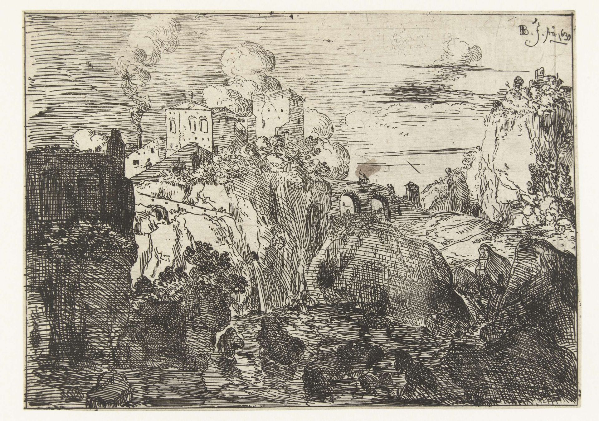 Italiaans landschap met gebouwen en een brug by Bartholomeus Breenbergh