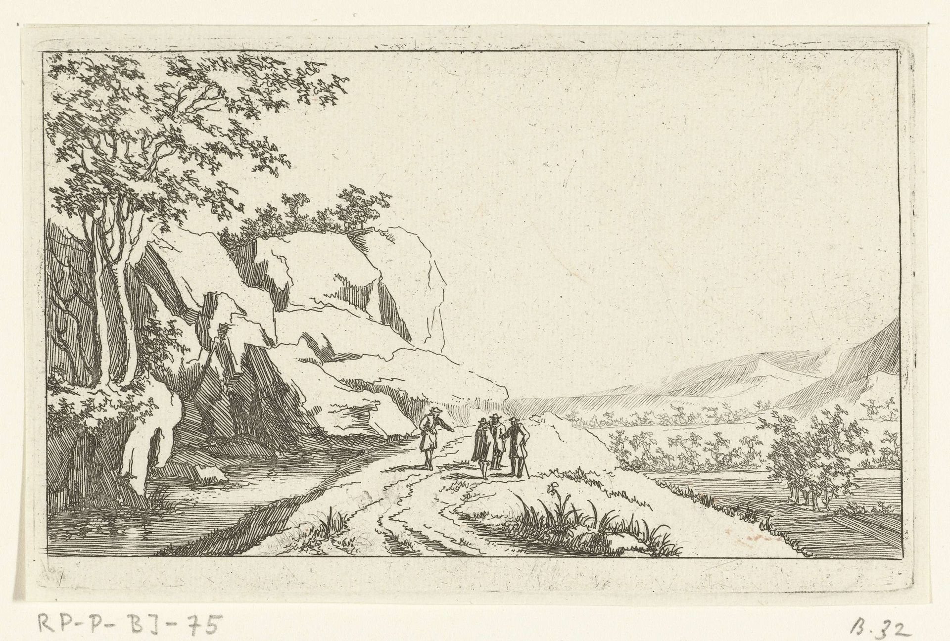 Vier mannen aan de oever van een rivier by Jan van Almeloveen