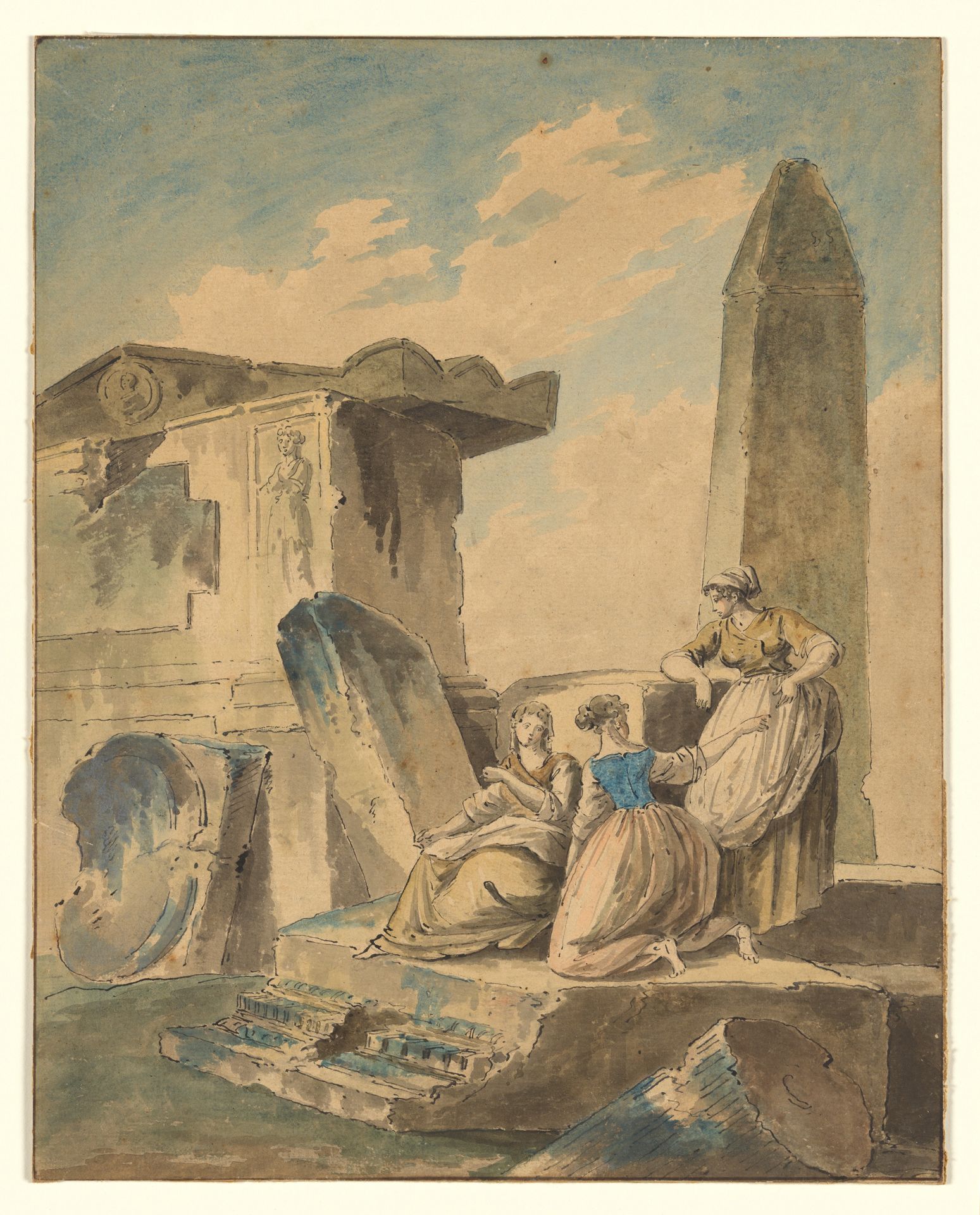 Three Young Girls by Ruins by Hubert Robert
