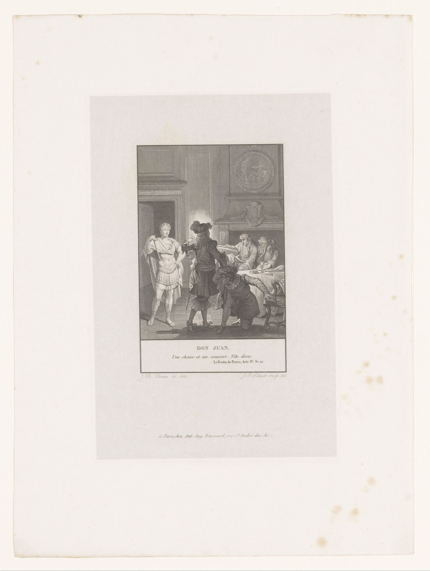 Eetkamerinterieur met edelman die een stoel aanbiedt aan een Romeins standbeeld, drie andere mannen kijken bang toe by Jean François Ribault