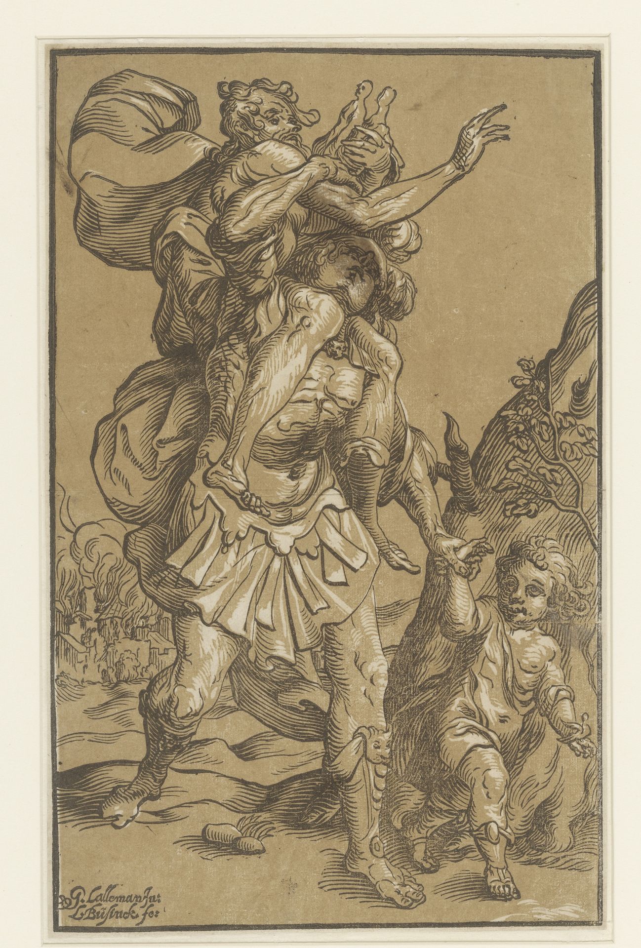 Aeneas draagt zijn vader uit Troje by Ludwig Büsinck