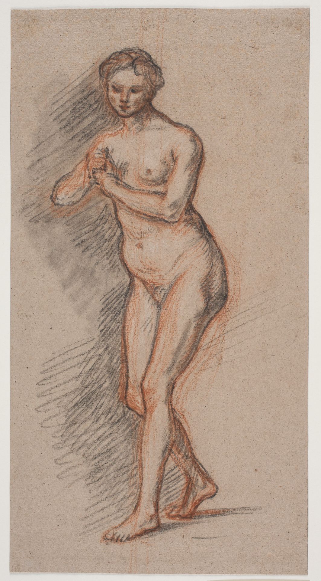 Kvindelig modelfigur med hænderne foran brystet by Jacques François Joseph Saly