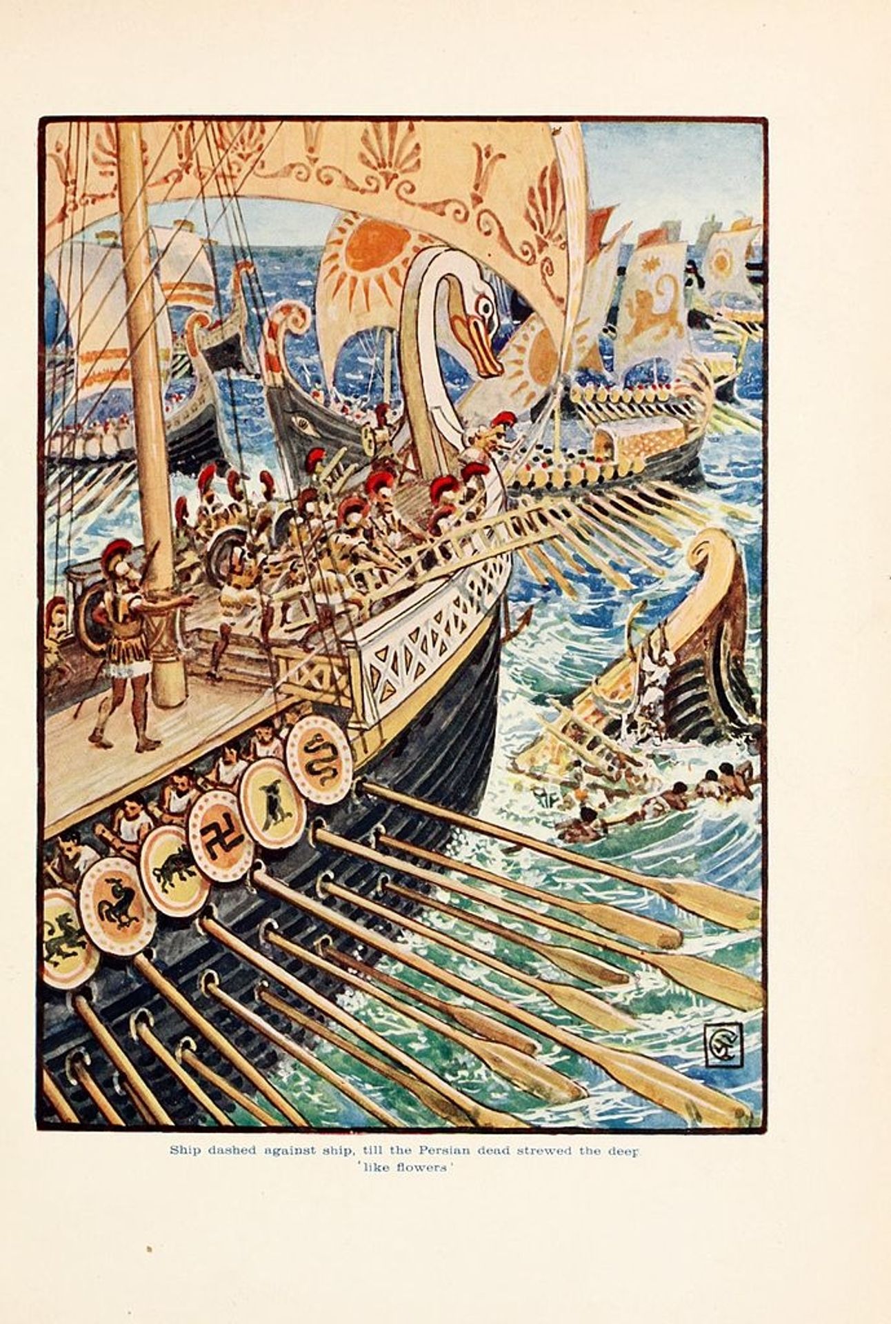 Ship dashed against ship, till the Persian Army dead strewed the deep like flowers by Walter Crane